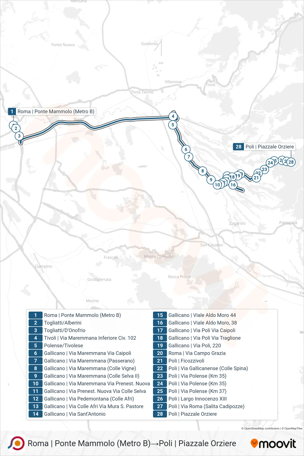 Linea COTRAL bus (Roma | Ponte Mammolo (Metro B)→Poli | Piazzale Orziere) - Percorsi e fermate sulla mappa