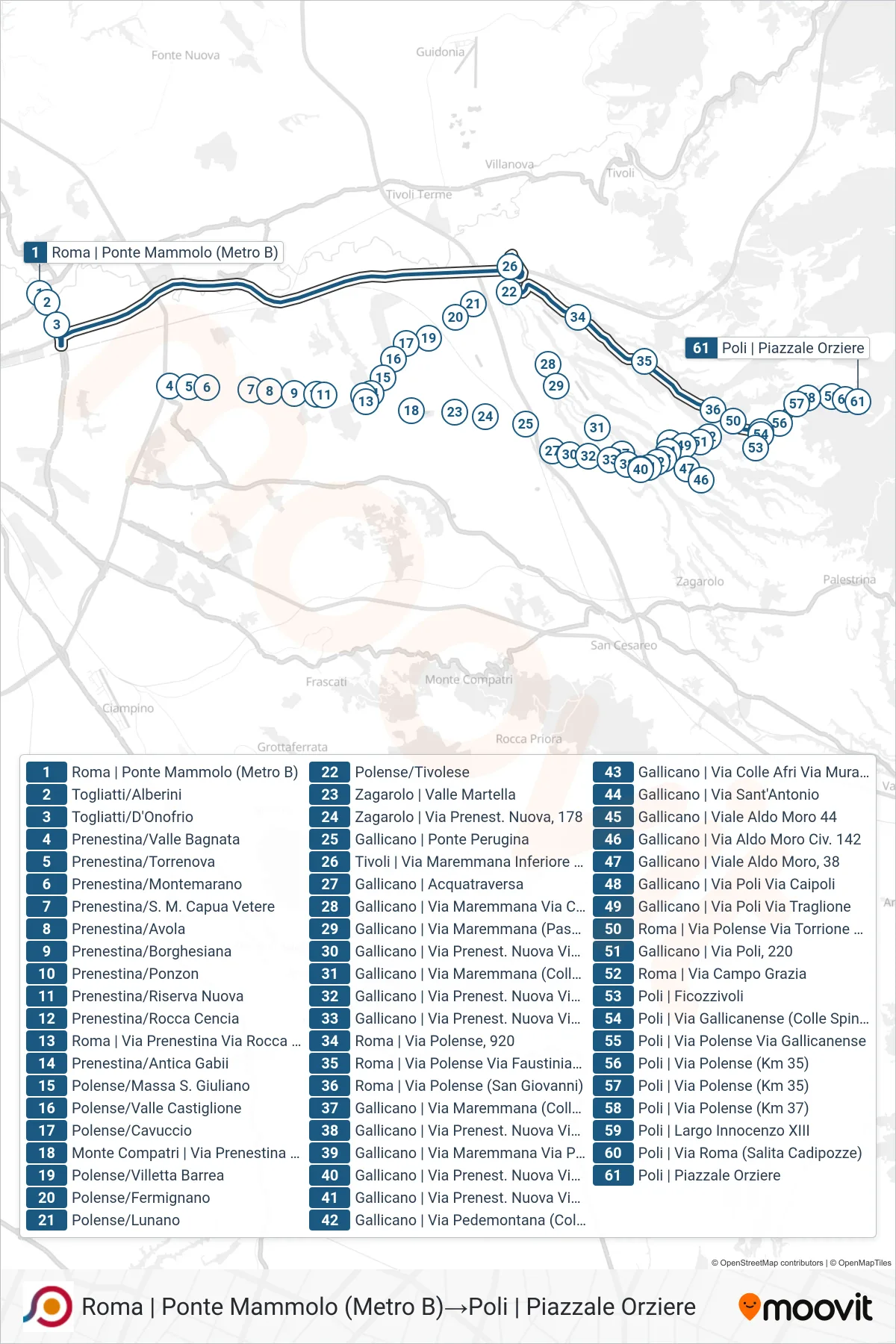 Linea COTRAL bus (Roma | Ponte Mammolo (Metro B)→Poli | Piazzale Orziere) - Percorsi e fermate sulla mappa