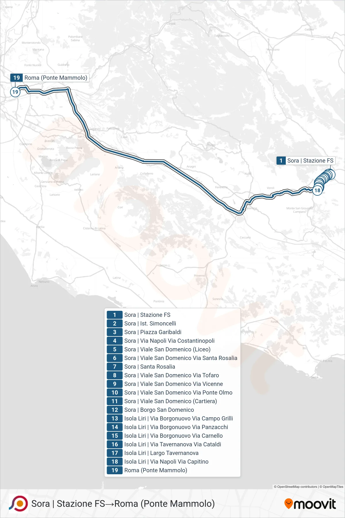 Linea COTRAL  bus (Sora | Stazione FS‎→Roma (Ponte Mammolo)) - Percorsi e fermate sulla mappa