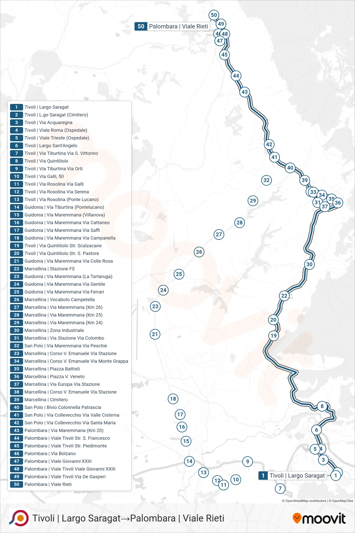 Linea COTRAL bus (Tivoli | Largo Saragat→Palombara | Viale Rieti) - Percorsi e fermate sulla mappa
