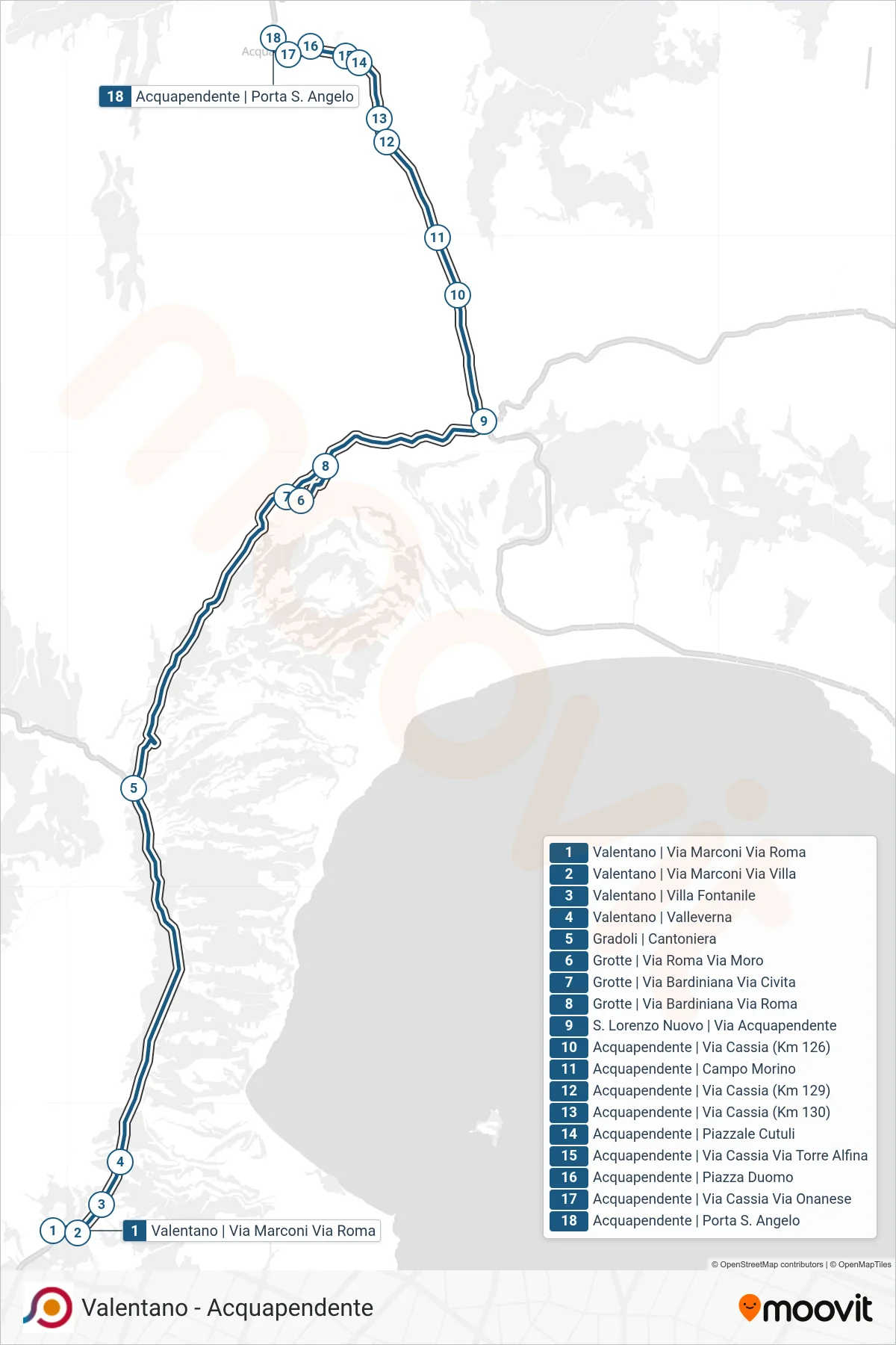 Linea COTRAL bus (Valentano | Via Marconi Via Roma→Acquapendente | Porta S. Angelo) - Percorsi e fermate sulla mappa