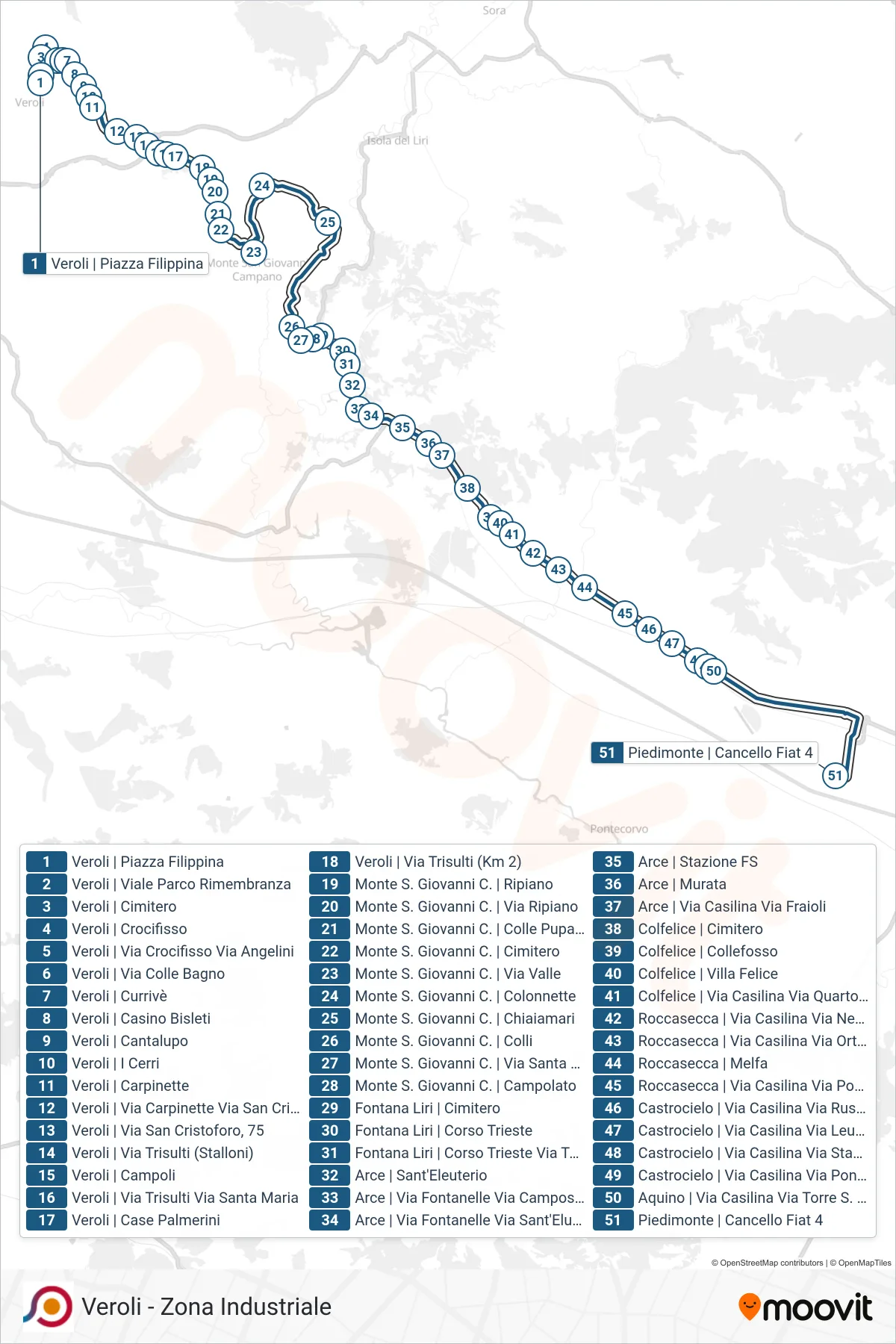 Linea COTRAL bus (Veroli | Piazza Filippina→Piedimonte | Cancello Fiat 4) - Percorsi e fermate sulla mappa