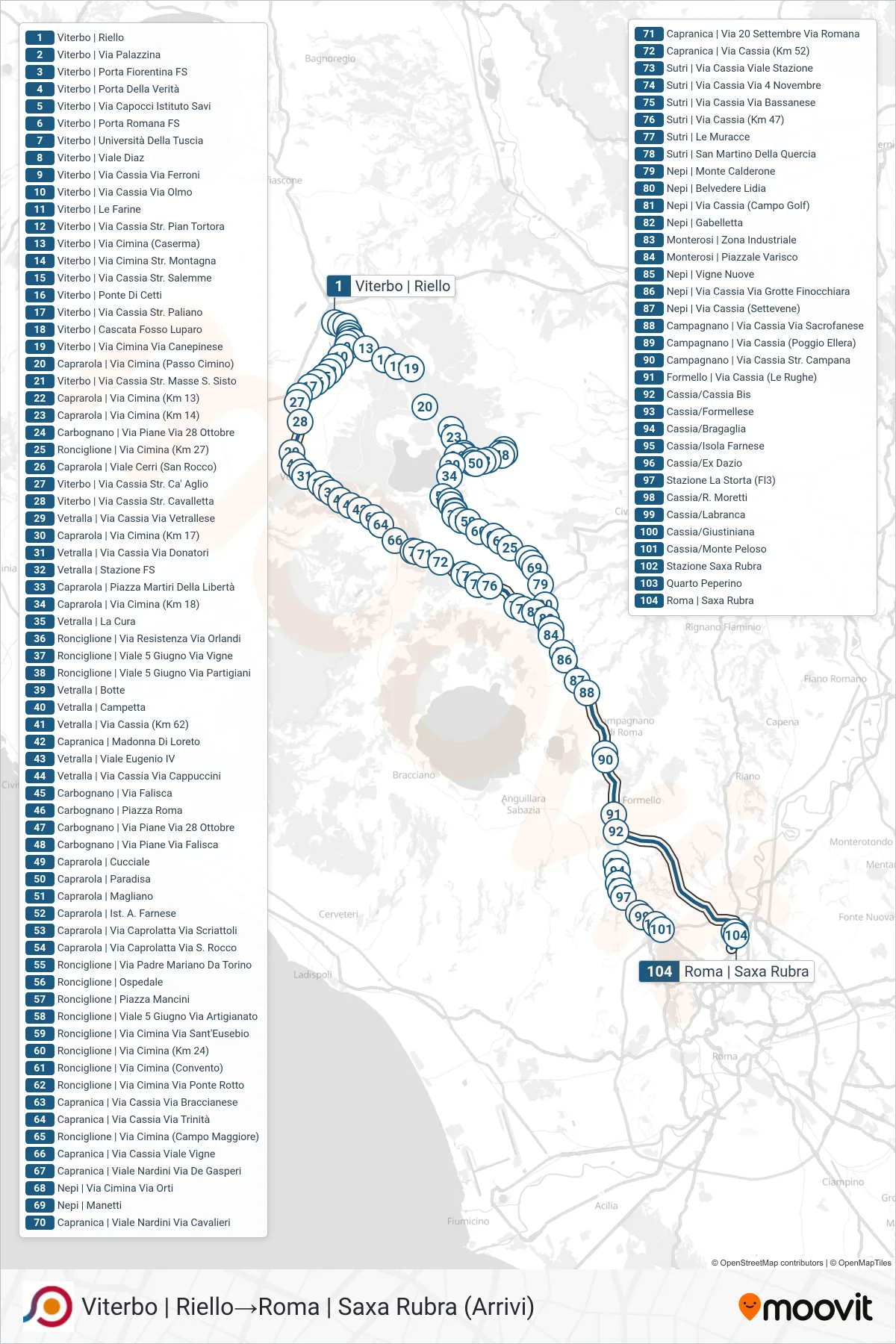 Linea COTRAL bus (Viterbo | Riello→Roma | Saxa Rubra (Arrivi)) - Percorsi e fermate sulla mappa