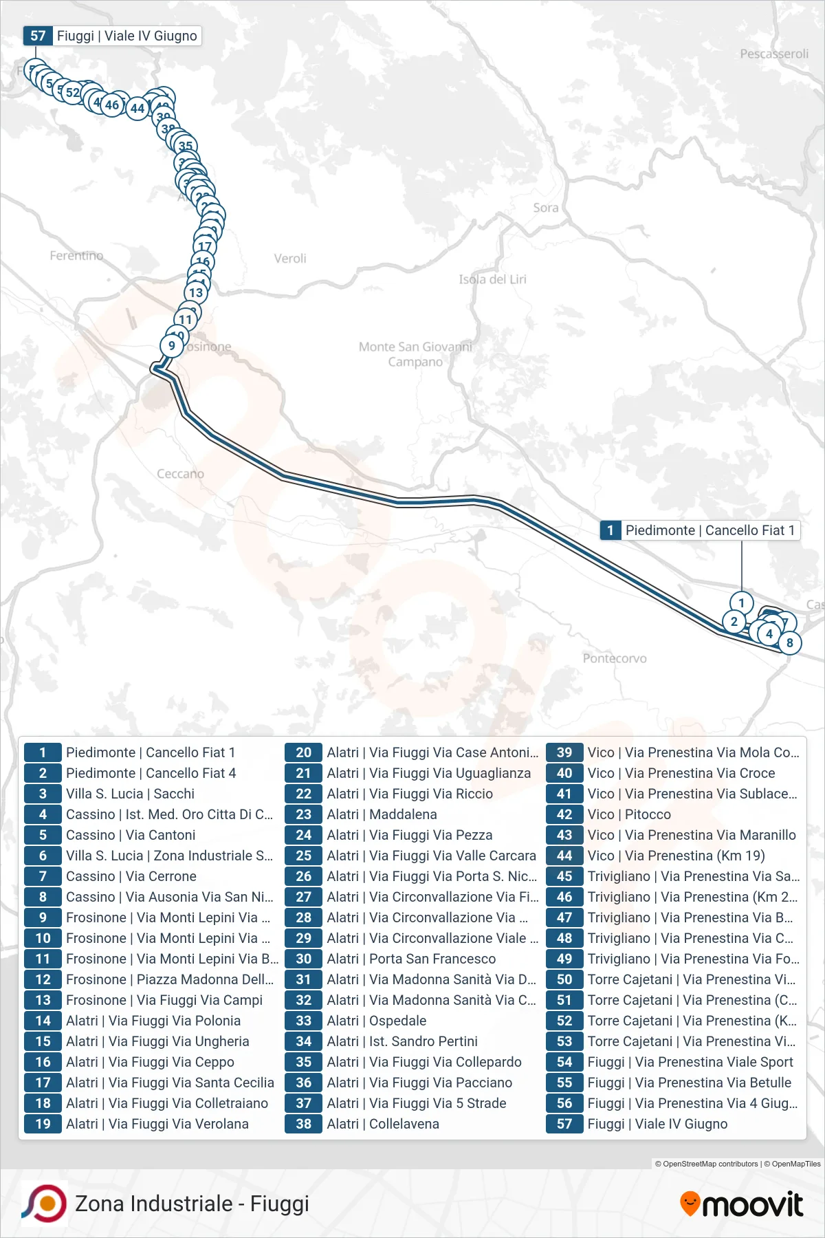 Linea COTRAL bus (Piedimonte | Cancello Fiat 1→Fiuggi | Viale IV Giugno) - Percorsi e fermate sulla mappa