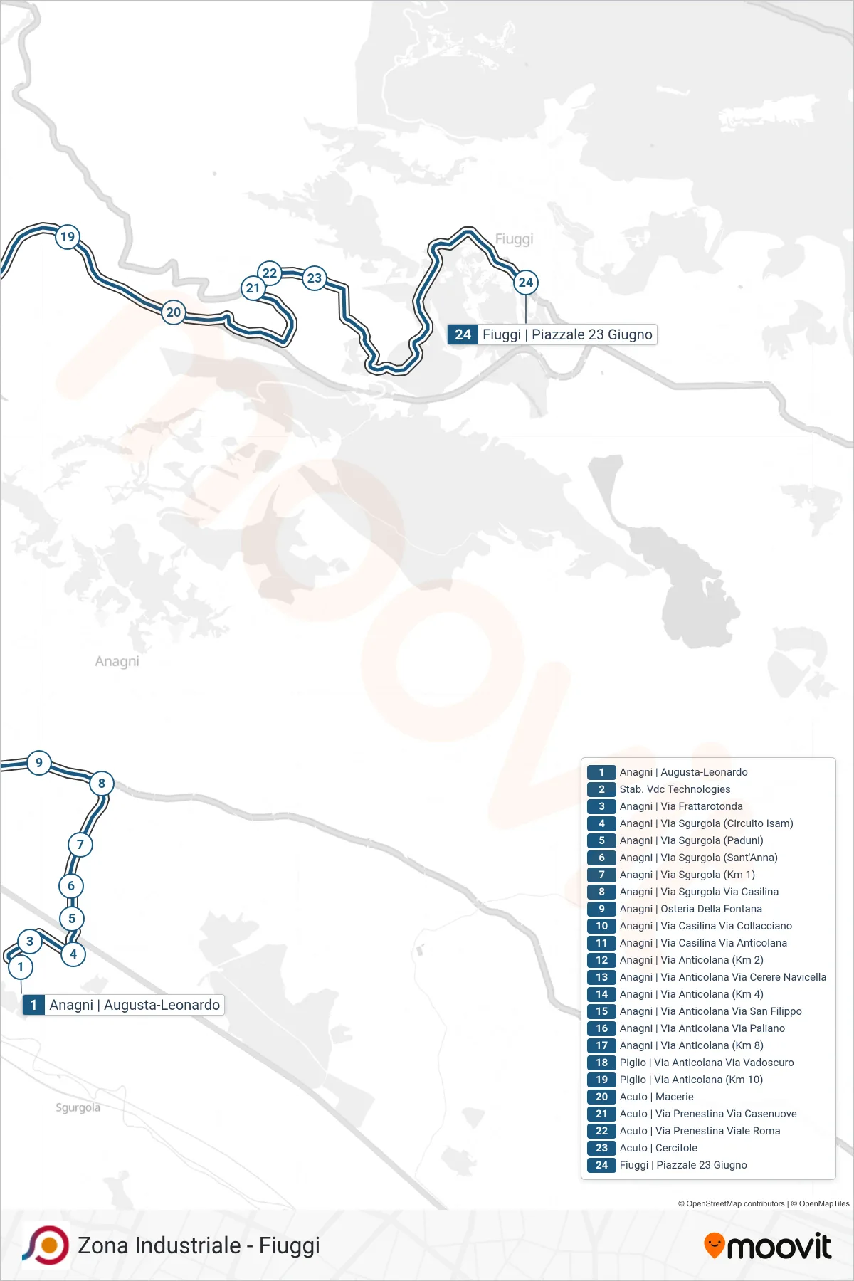 COTRAL bus Line (Anagni via Augusta-Leonardo→Fiuggi | Piazzale 23 June) route and stops on a map