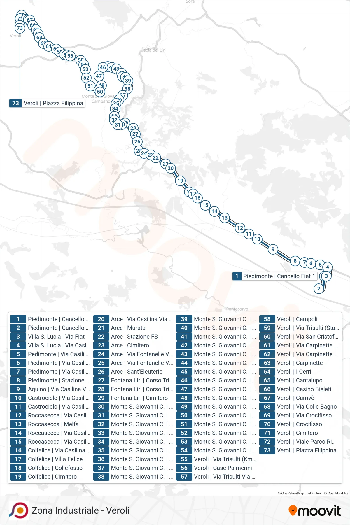 Linea COTRAL bus (Piedimonte | Cancello Fiat 1→Veroli | Piazza Filippina) - Percorsi e fermate sulla mappa