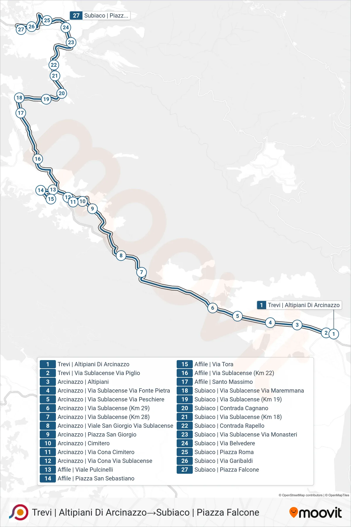 Linea COTRAL bus (Trevi | Altipiani Di Arcinazzo→Subiaco | Piazza Falcone) - Percorsi e fermate sulla mappa