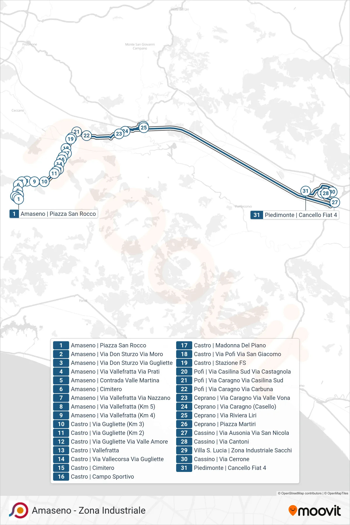 Linea COTRAL  bus (Amaseno | Piazza San Rocco‎→Piedimonte | Cancello Fiat 4) - Percorsi e fermate sulla mappa