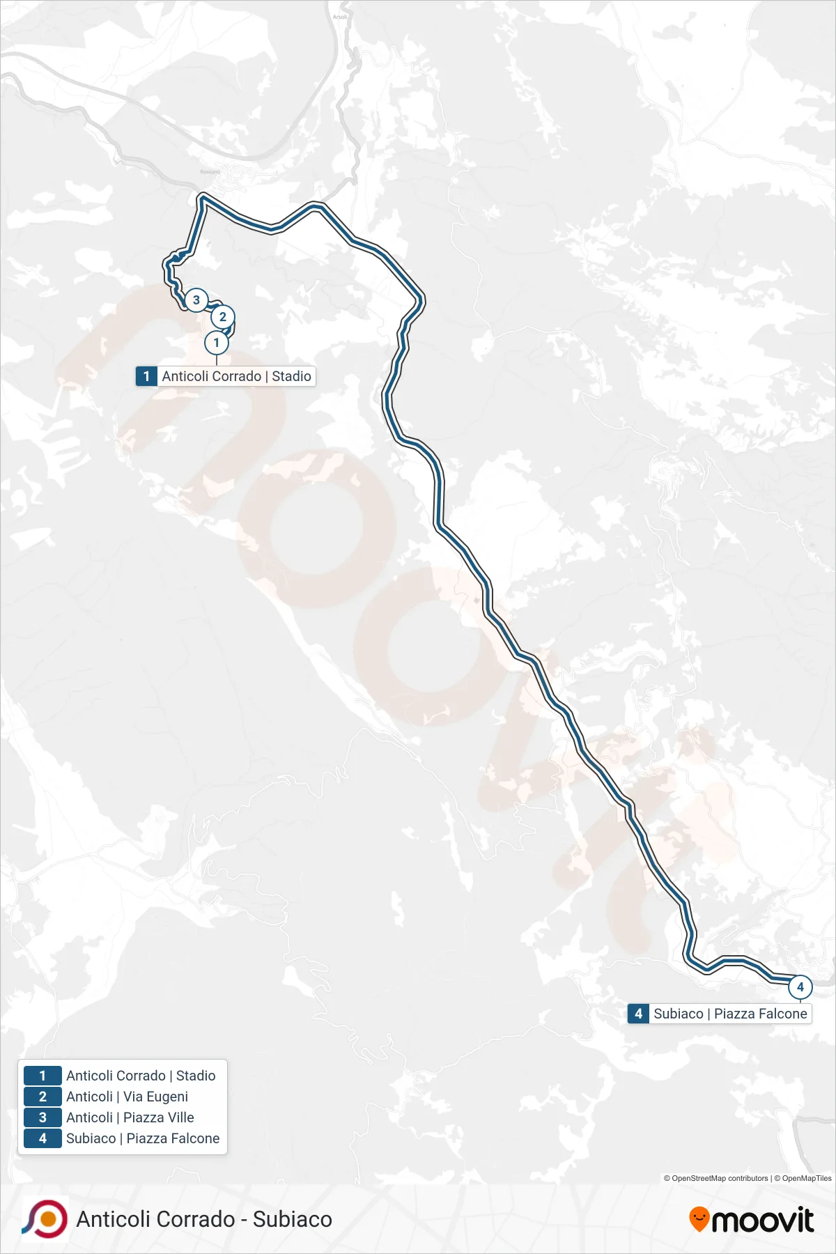 Linea COTRAL bus (Anticoli Corrado | Stadio→Subiaco | Piazza Falcone) - Percorsi e fermate sulla mappa