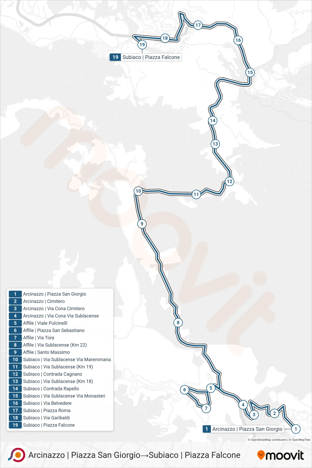Linea COTRAL bus (Arcinazzo | Piazza San Giorgio→Subiaco | Piazza Falcone) - Percorsi e fermate sulla mappa