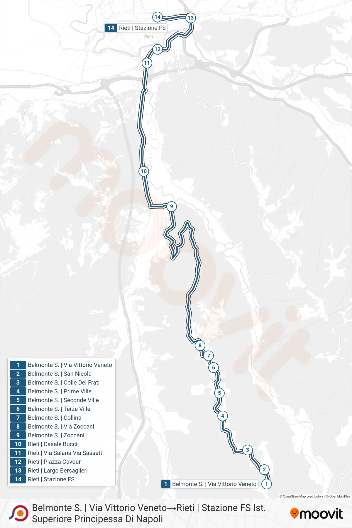 Linea COTRAL bus (Belmonte S. | Via Vittorio Veneto→Rieti | Stazione FS Ist. Superiore Principessa Di Napoli) - Percorsi e fermate sulla mappa