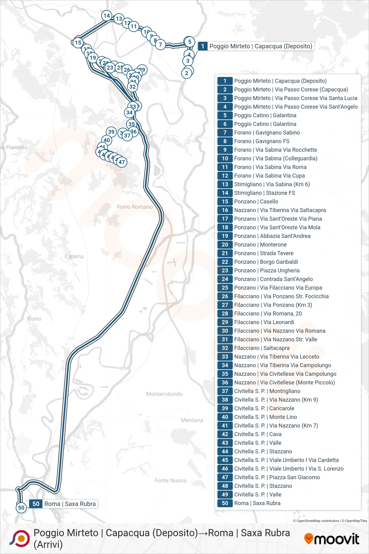 Linea COTRAL bus (Poggio Mirteto | Capacqua (Deposito)→Roma | Saxa Rubra (Arrivi)) - Percorsi e fermate sulla mappa