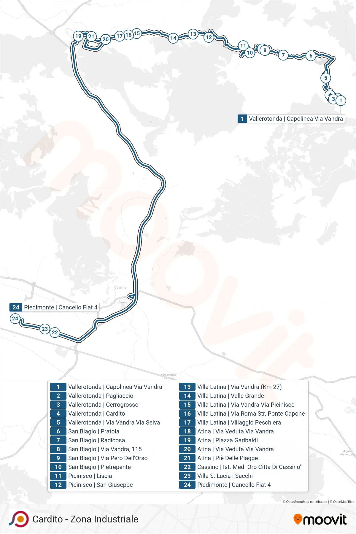 COTRAL bus Line (Vallerotonda | Terminal Via Vandra→Piedimonte Cancello Fiat 4) route and stops on a map