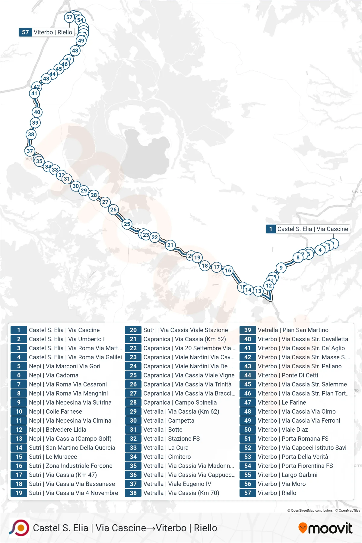 Linea COTRAL bus (Castel S. Elia | Via Cascine→Viterbo | Riello) - Percorsi e fermate sulla mappa