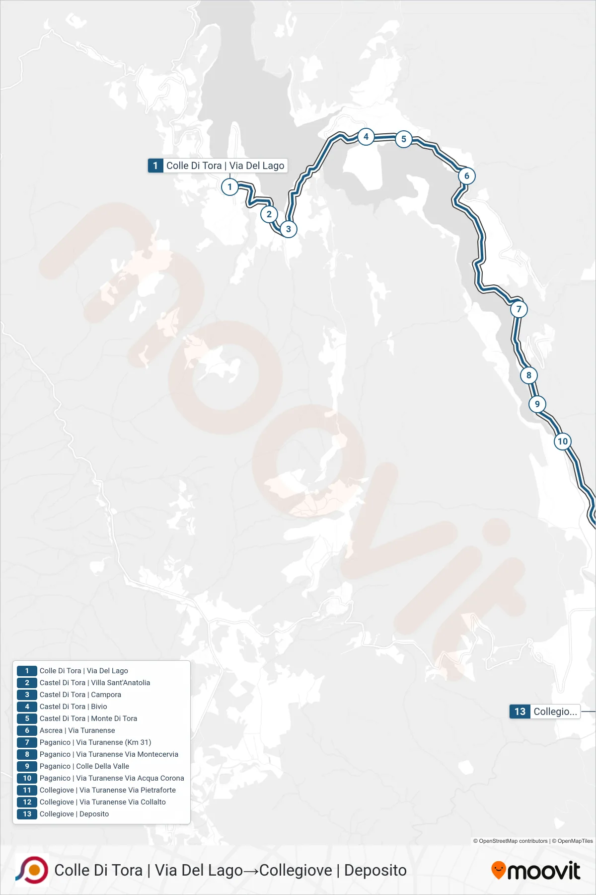 Linea COTRAL bus (Colle Di Tora | Via Del Lago→Collegiove | Deposito) - Percorsi e fermate sulla mappa