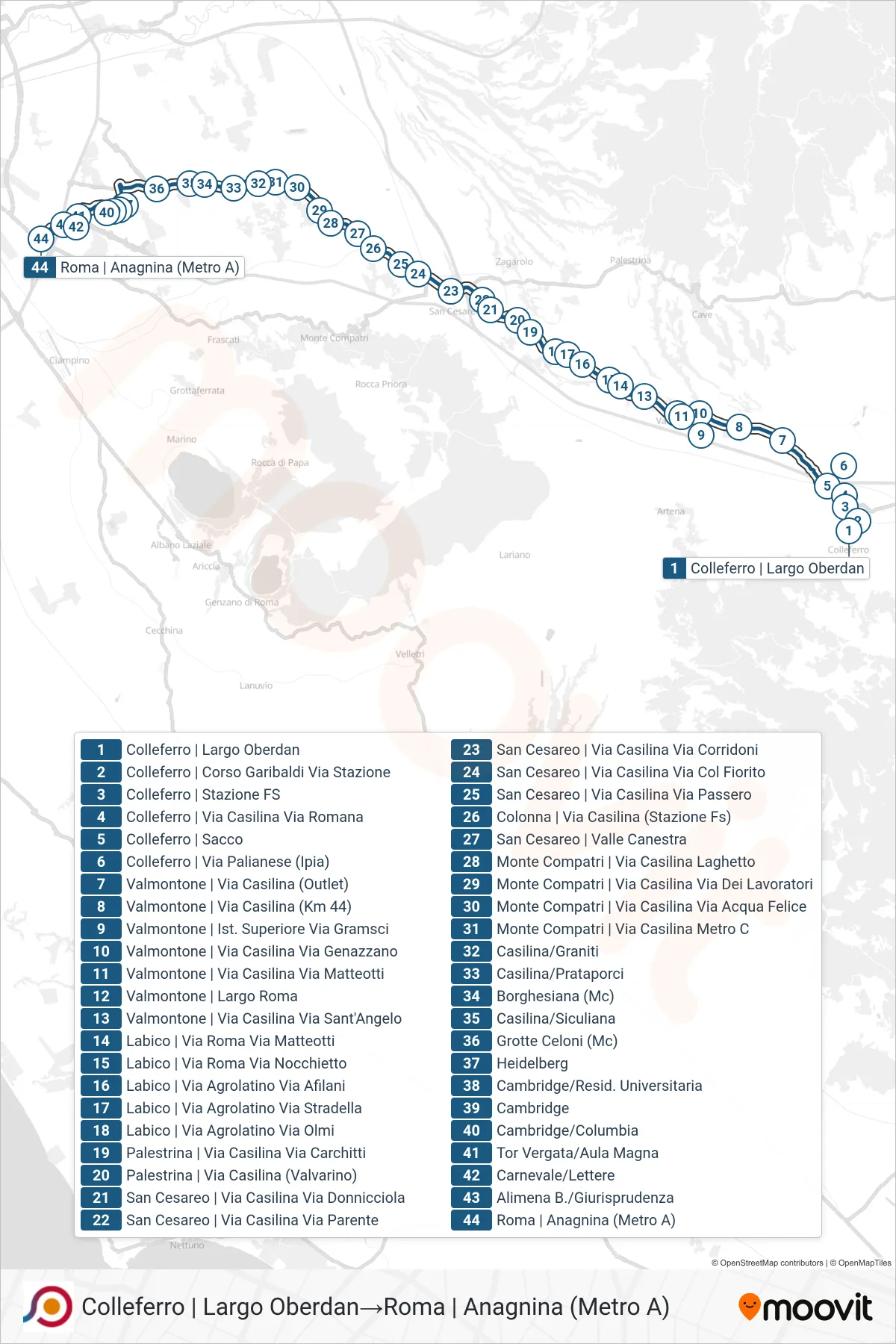 COTRAL bus Line (Colleferro | Largo Oberdan→Rome | Anagnina (Metro A)) route and stops on a map