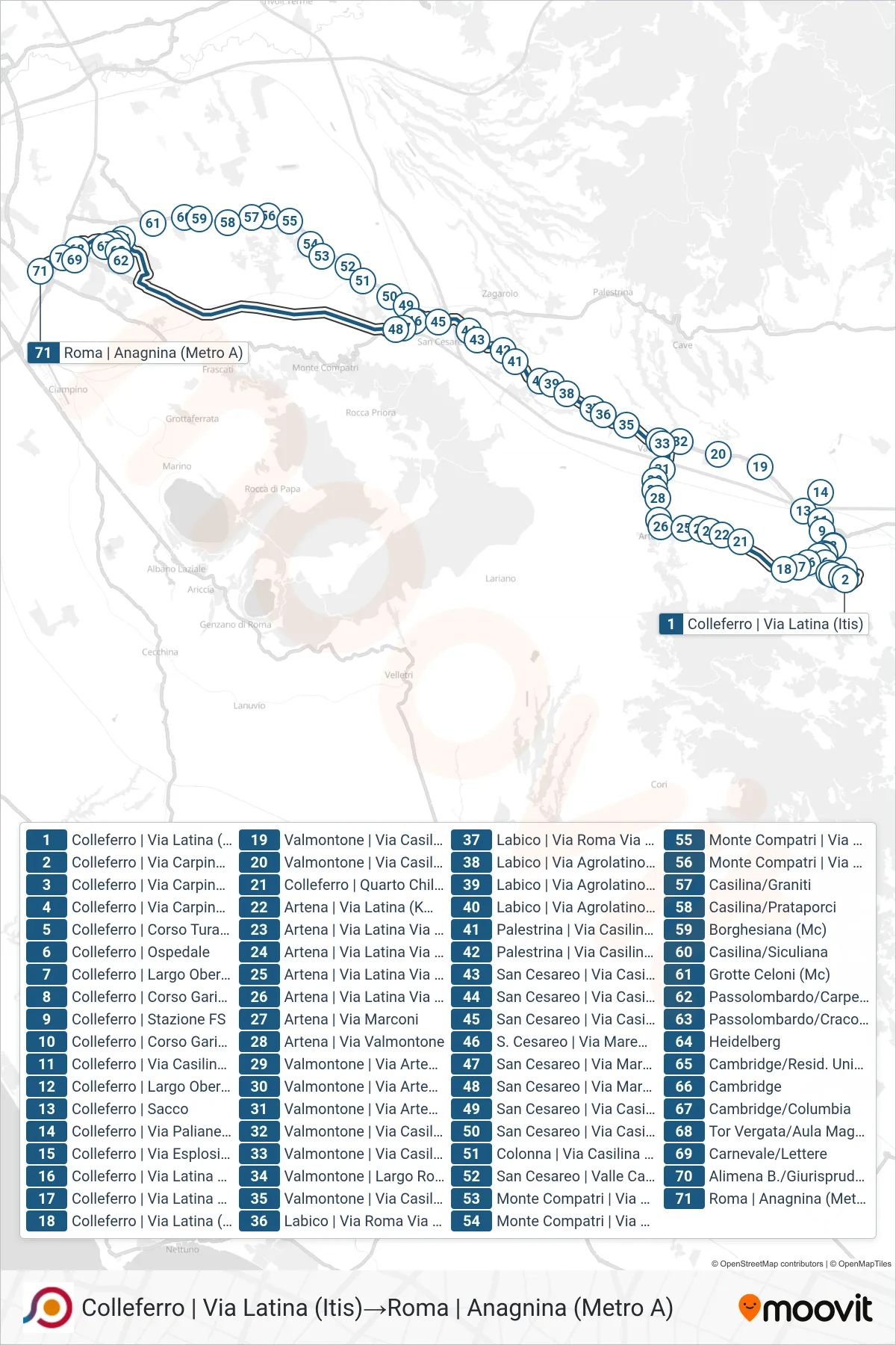 Linea COTRAL bus (Colleferro | Via Latina (Itis)→Roma | Anagnina (Metro A)) - Percorsi e fermate sulla mappa