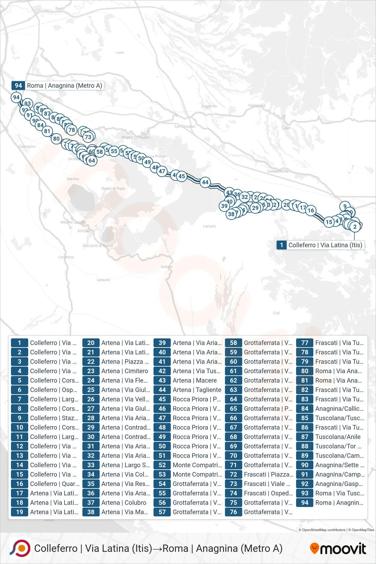 Linea COTRAL bus (Colleferro | Via Latina (Itis)→Roma | Anagnina (Metro A)) - Percorsi e fermate sulla mappa