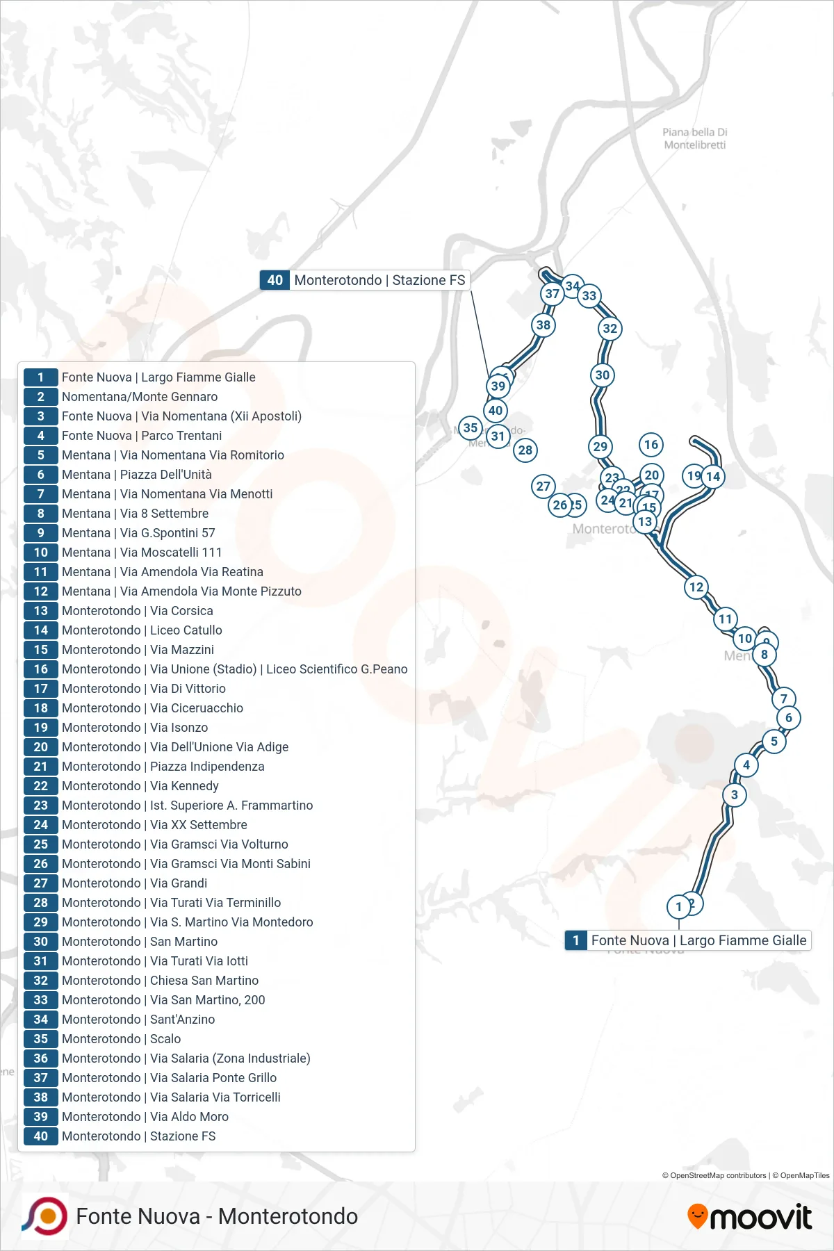 Linea COTRAL bus (Fonte Nuova | Largo Fiamme Gialle→Monterotondo | Stazione FS) - Percorsi e fermate sulla mappa