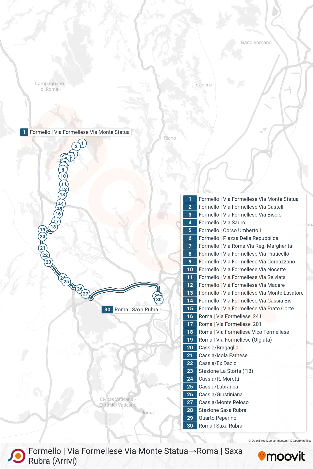 Linea COTRAL bus (Formello | Via Formellese Via Monte Statua→Roma | Saxa Rubra (Arrivi)) - Percorsi e fermate sulla mappa