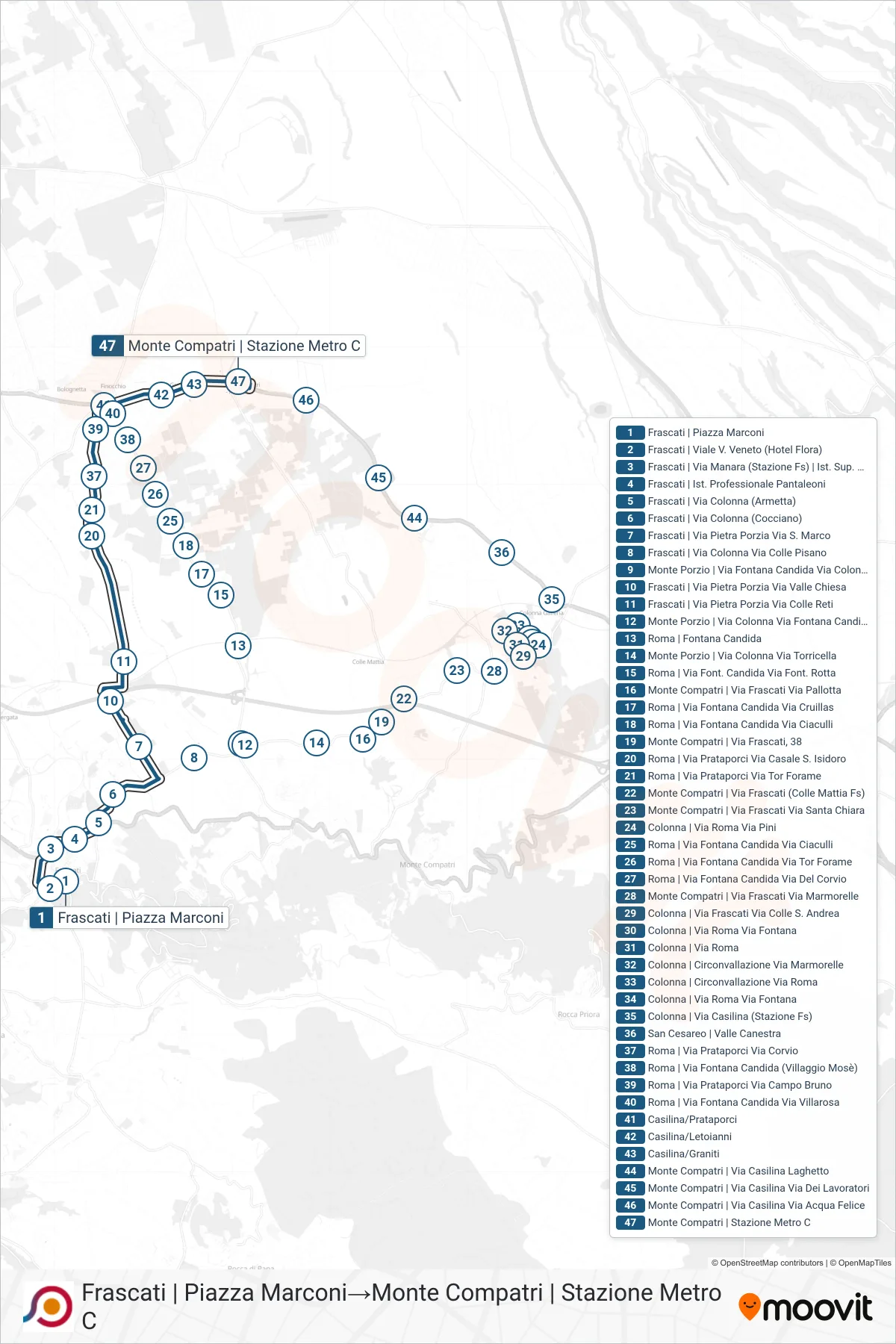 Linea COTRAL bus (Frascati | Piazza Marconi→Monte Compatri | Stazione Metro C) - Percorsi e fermate sulla mappa