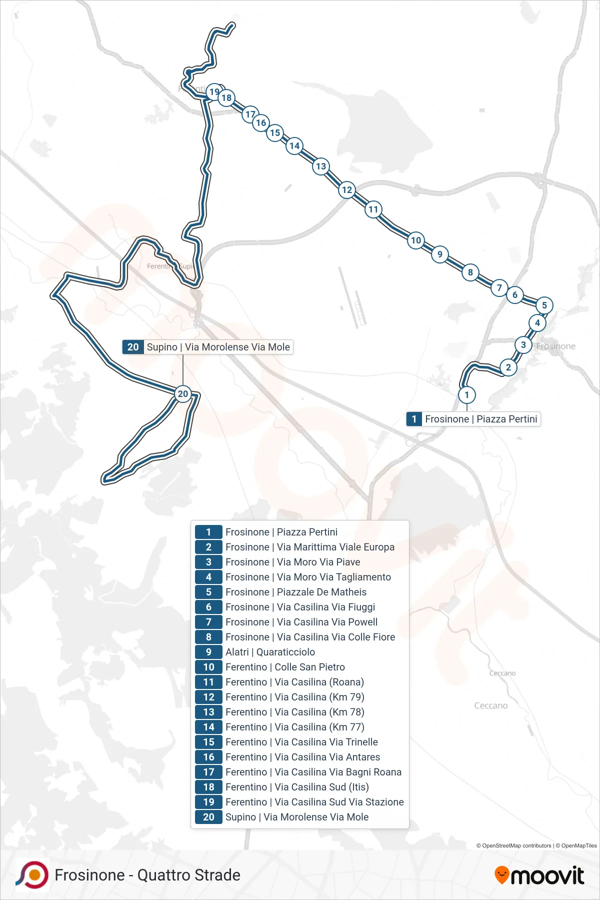 Linea COTRAL bus (Frosinone | Piazza Pertini→Supino | Via Morolense Via Mole) - Percorsi e fermate sulla mappa