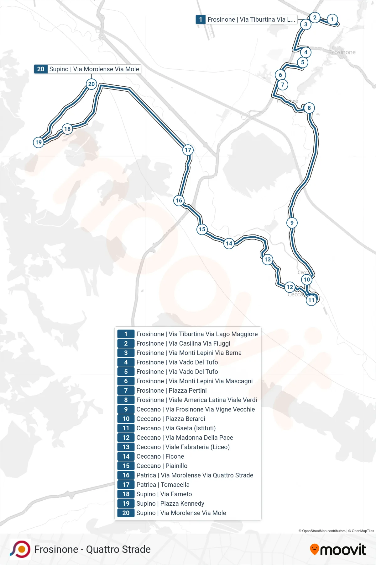 Linea COTRAL bus (Frosinone | Via Tiburtina Via Lago Maggiore→Supino | Via Morolense Via Mole) - Percorsi e fermate sulla mappa