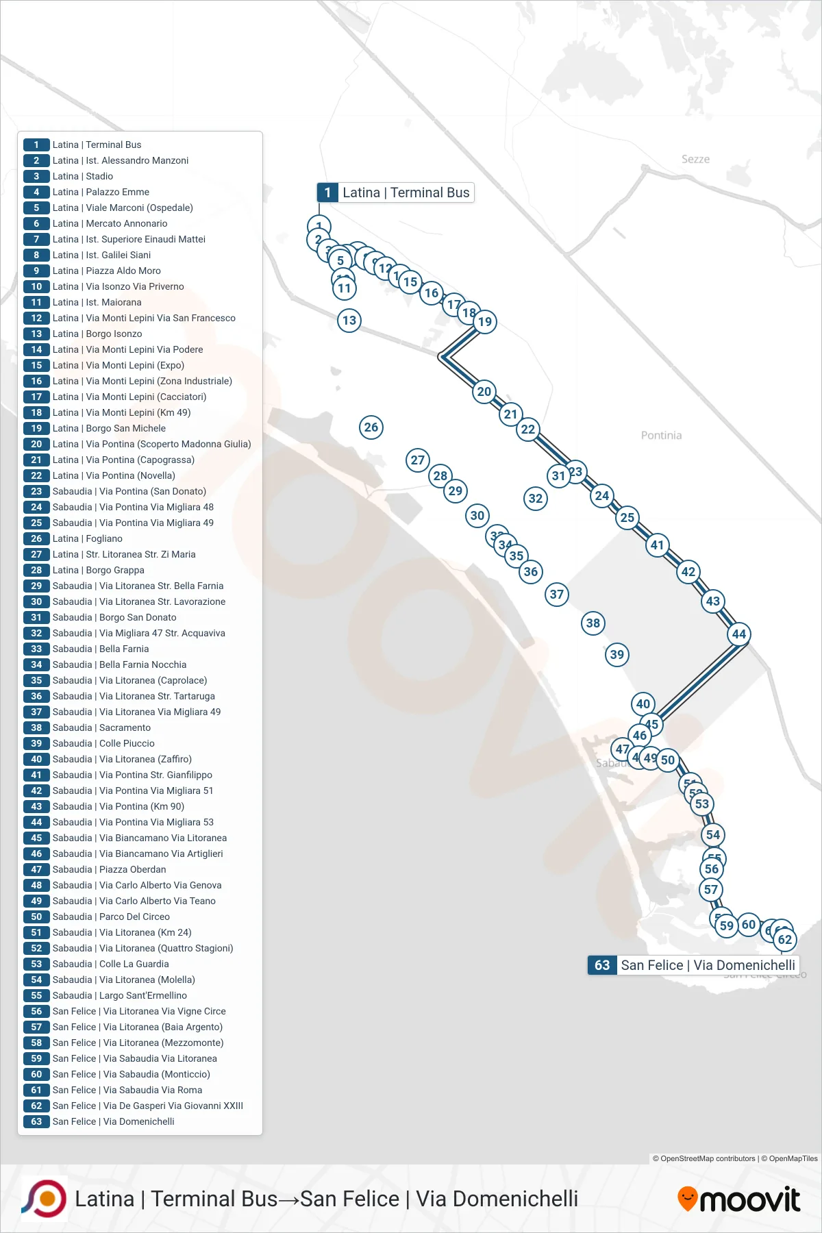 Linea COTRAL bus (Latina | Terminal Bus→San Felice | Via Domenichelli) - Percorsi e fermate sulla mappa