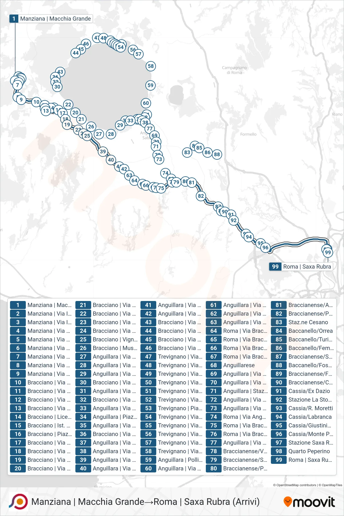Linea COTRAL bus (Manziana | Macchia Grande→Roma | Saxa Rubra (Arrivi)) - Percorsi e fermate sulla mappa