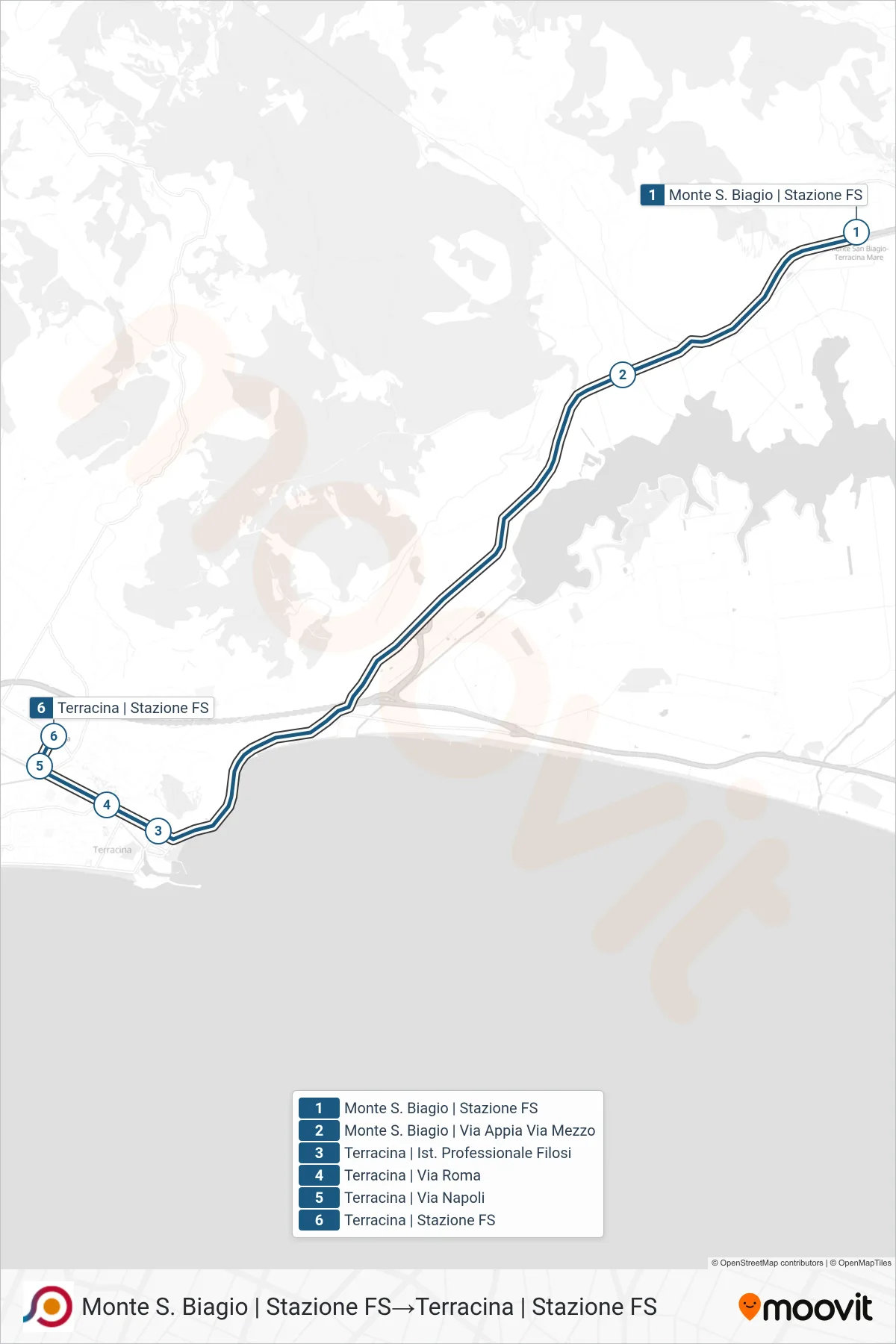 Linea COTRAL bus (Monte S. Biagio | Stazione FS→Terracina | Stazione FS) - Percorsi e fermate sulla mappa