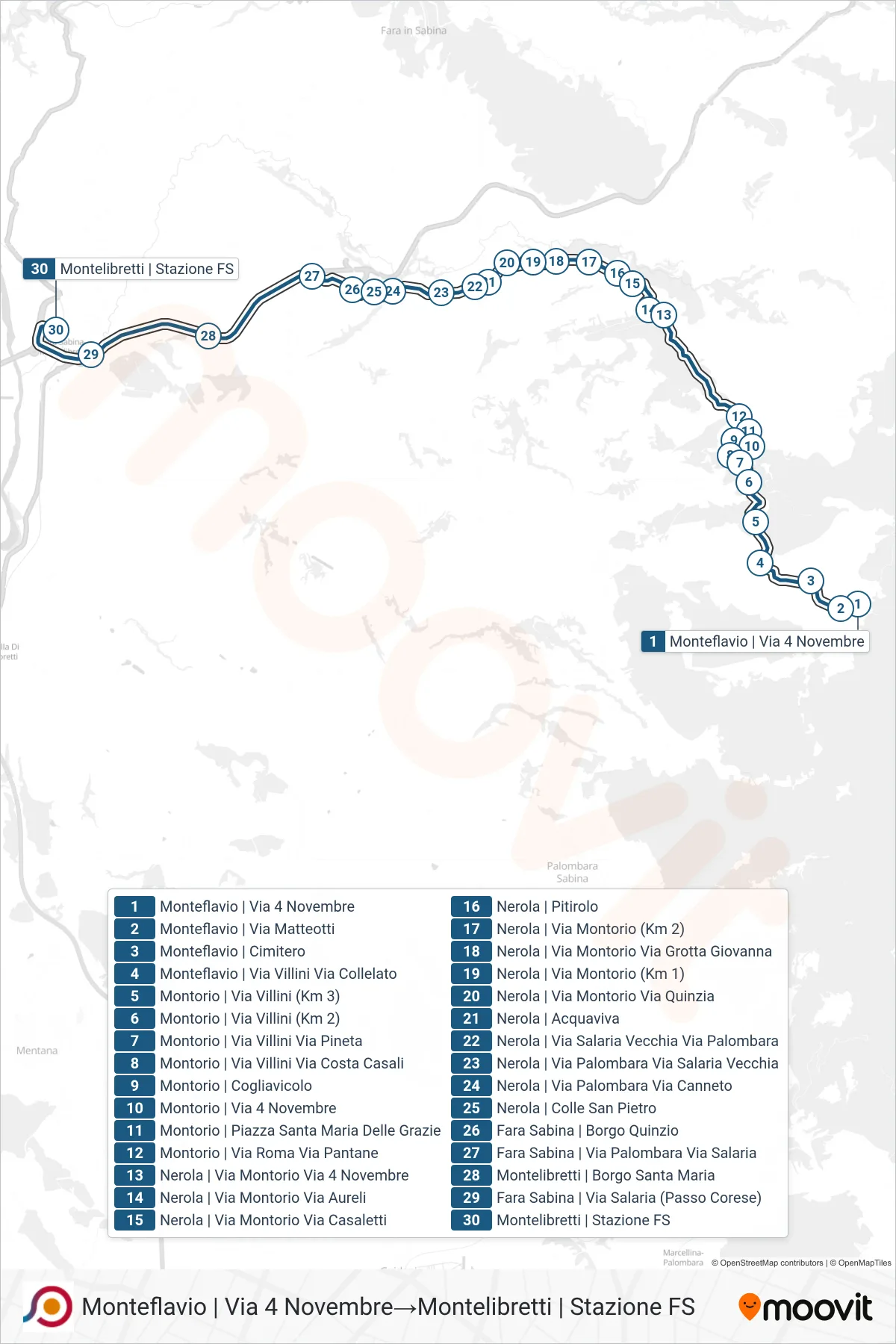 Linea COTRAL bus (Monteflavio | Via 4 Novembre→Montelibretti | Stazione FS) - Percorsi e fermate sulla mappa