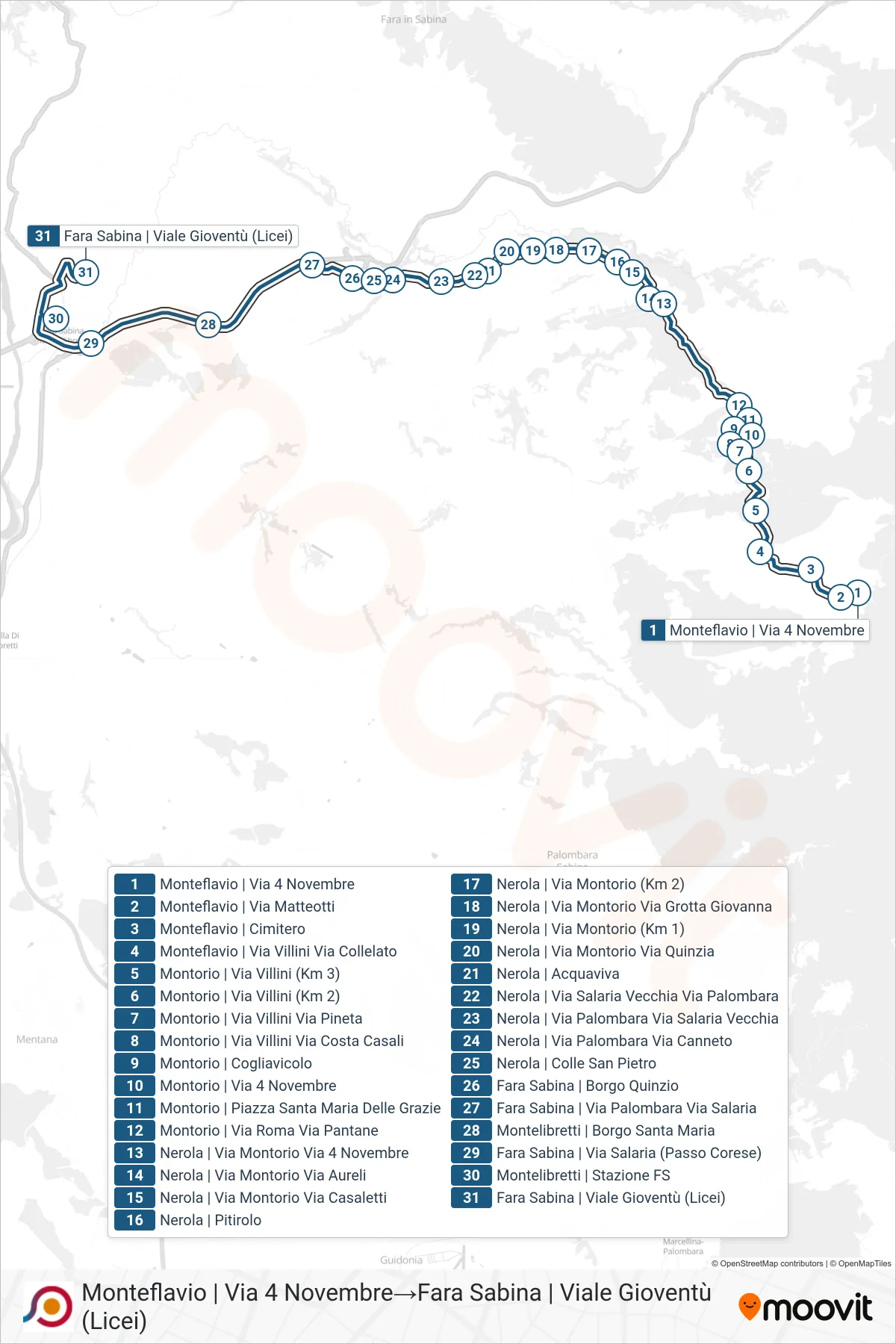 Linea COTRAL  bus (Monteflavio | Via 4 Novembre‎→Fara Sabina | Viale Gioventù (Licei)) - Percorsi e fermate sulla mappa
