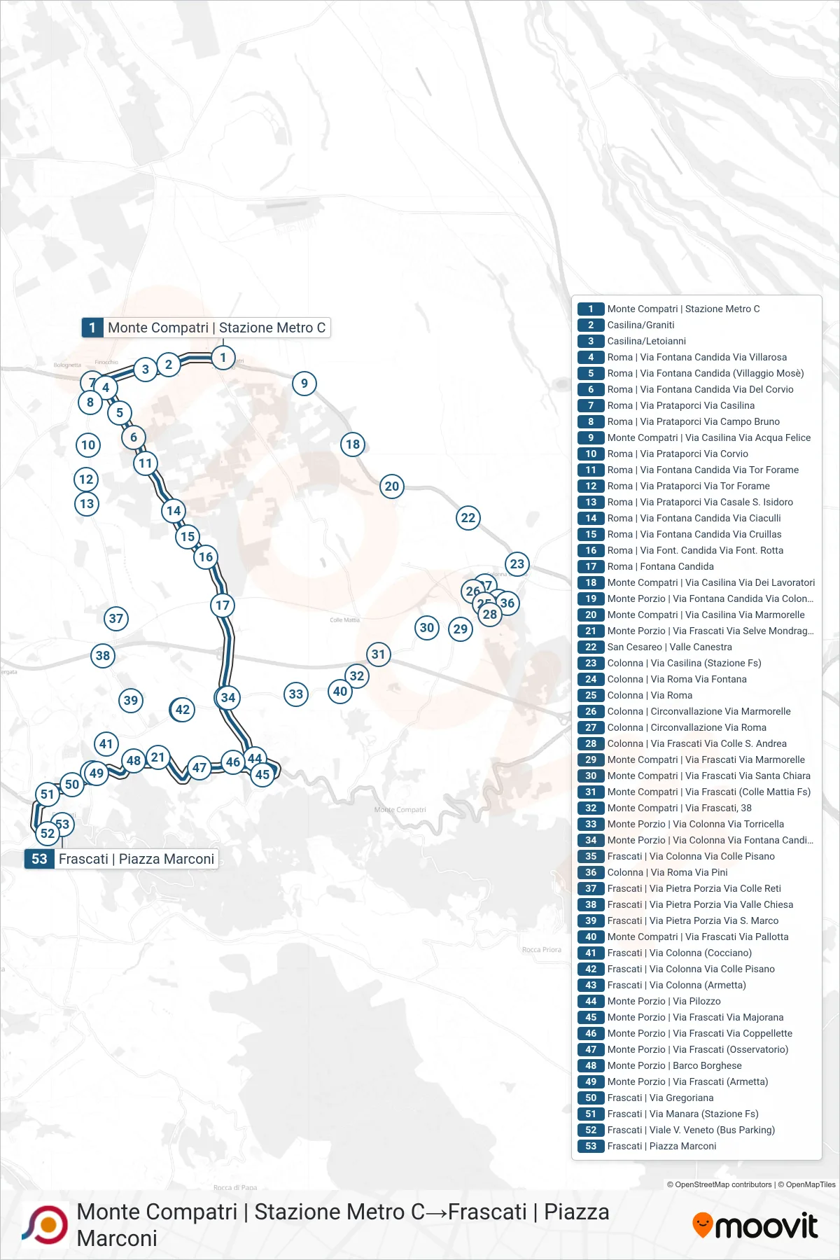 Linea COTRAL  bus (Monte Compatri | Stazione Metro C‎→Frascati | Piazza Marconi) - Percorsi e fermate sulla mappa