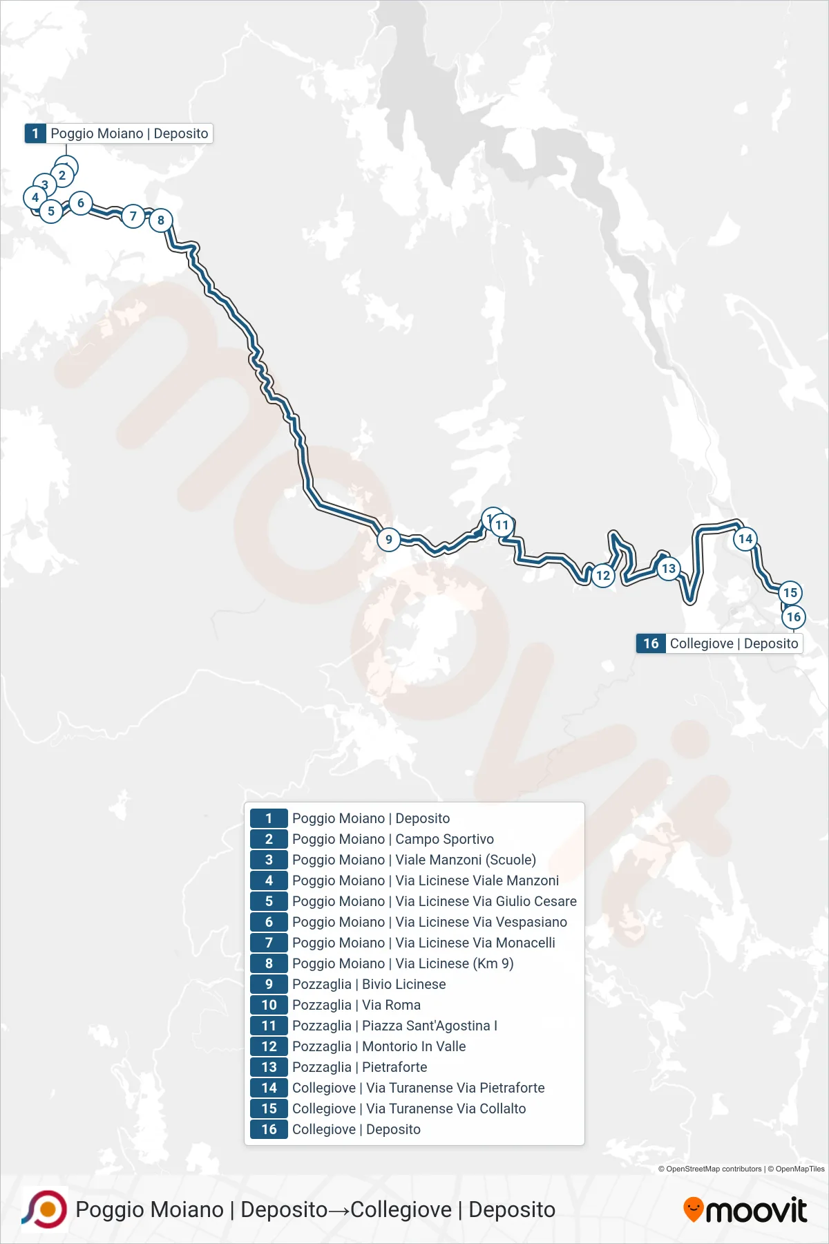 Linea COTRAL bus (Poggio Moiano | Deposito→Collegiove | Deposito) - Percorsi e fermate sulla mappa