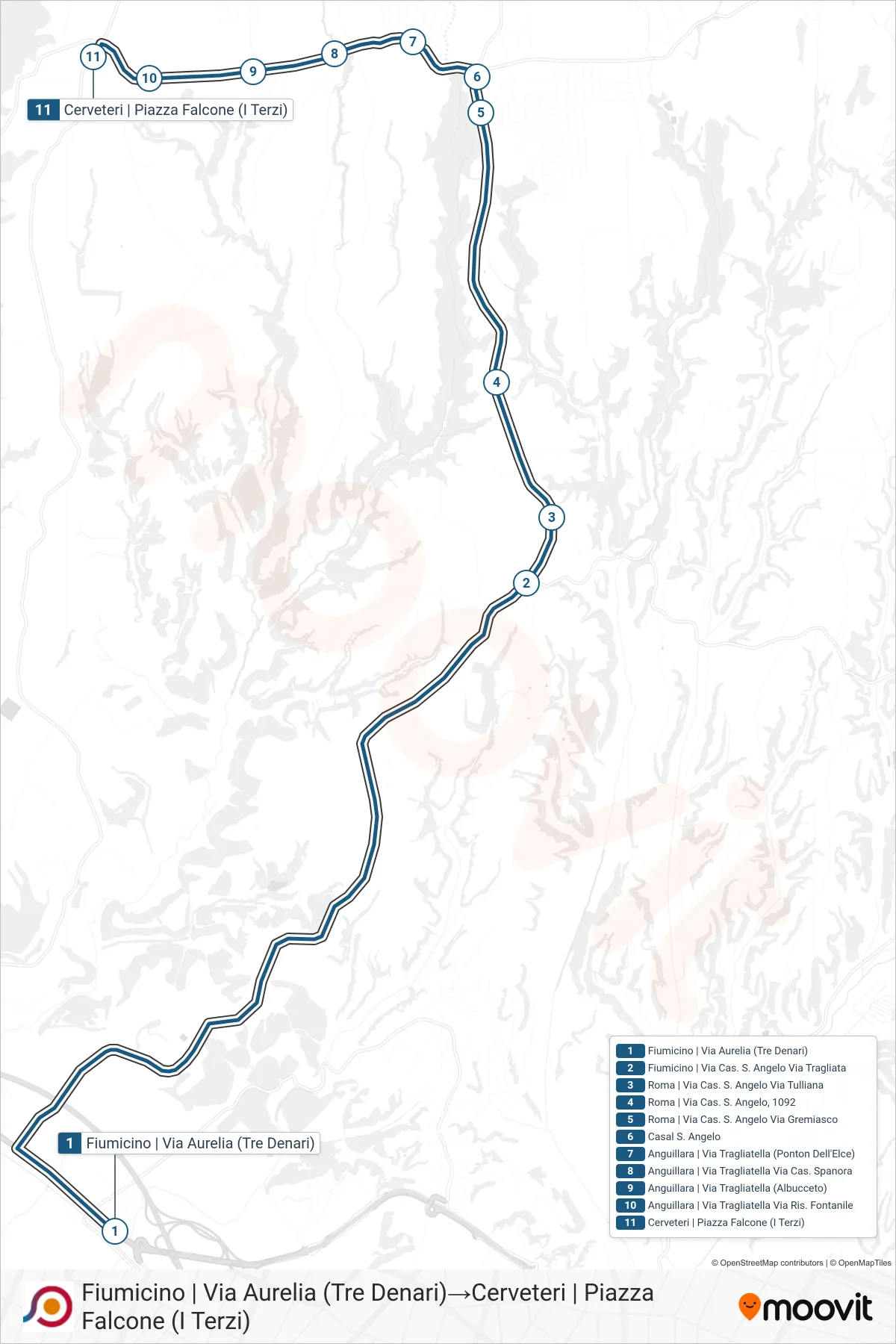 Linea COTRAL  bus (Fiumicino | Via Aurelia (Tre Denari)‎→Cerveteri | Piazza Falcone (I Terzi)) - Percorsi e fermate sulla mappa