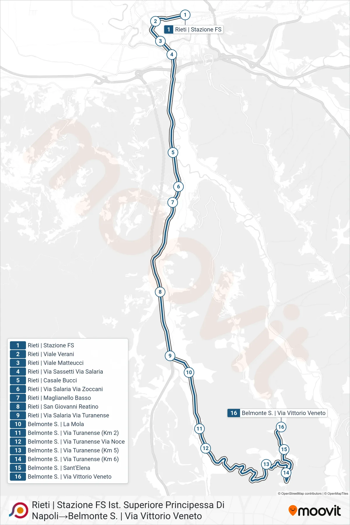 Linea COTRAL bus (Rieti | Stazione FS Ist. Superiore Principessa Di Napoli→Belmonte S. | Via Vittorio Veneto) - Percorsi e fermate sulla mappa