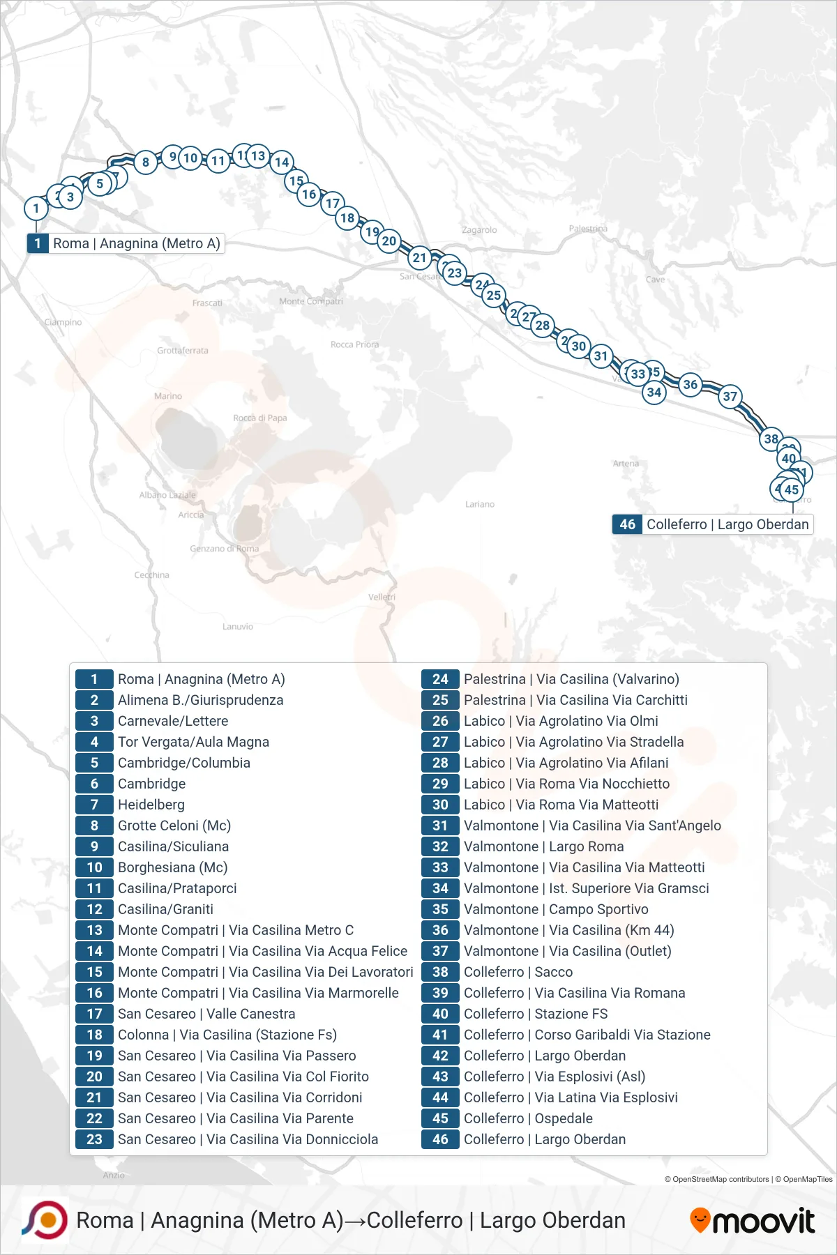 COTRAL bus Line (Rome | Anagnina (Metro A)→Colleferro | Largo Oberdan) route and stops on a map