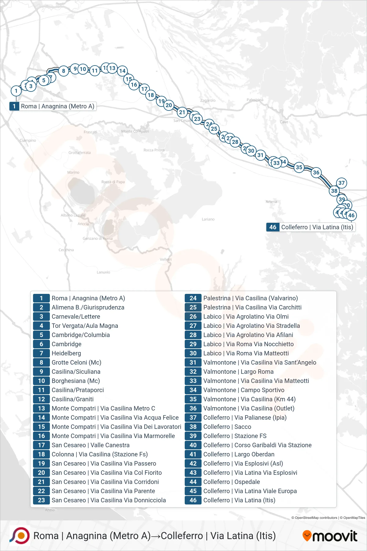 Linea COTRAL bus (Roma | Anagnina (Metro A)→Colleferro | Via Latina (Itis)) - Percorsi e fermate sulla mappa
