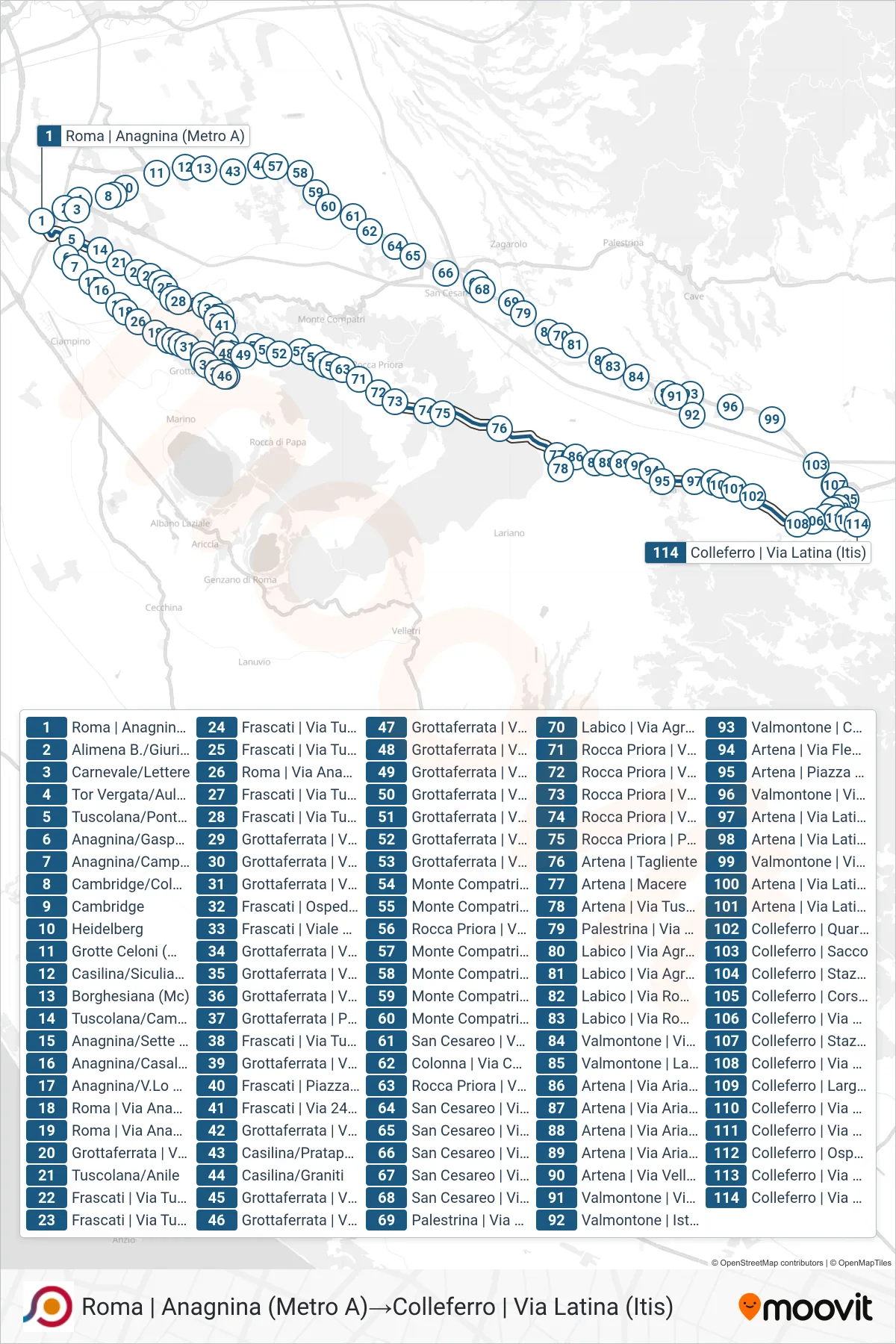 COTRAL bus Line (Rome | Anagnina (Metro A)→Colleferro via Via Latina (ITIS)) route and stops on a map