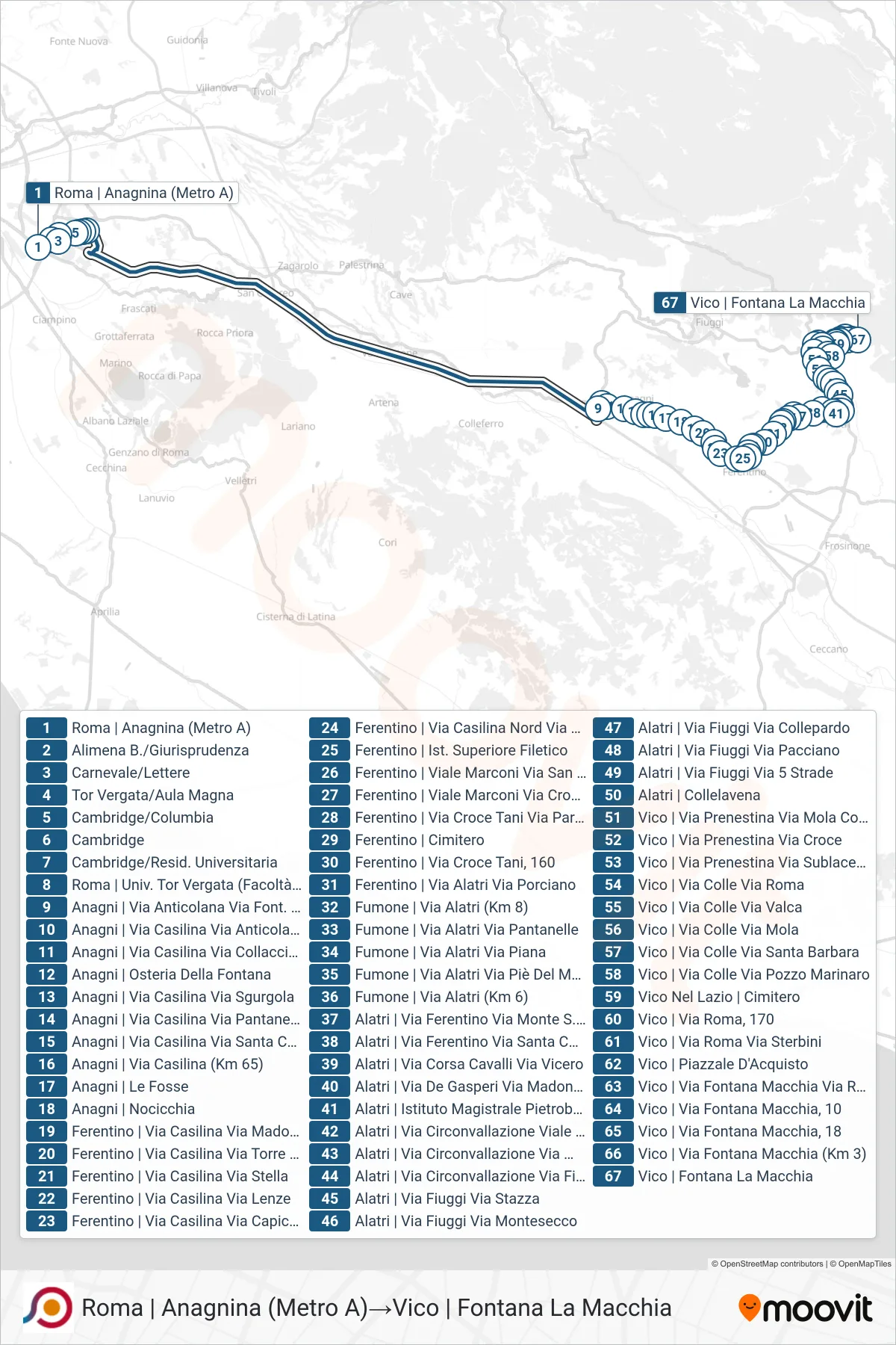 Linea COTRAL bus (Roma | Anagnina (Metro A)→Vico | Fontana La Macchia) - Percorsi e fermate sulla mappa