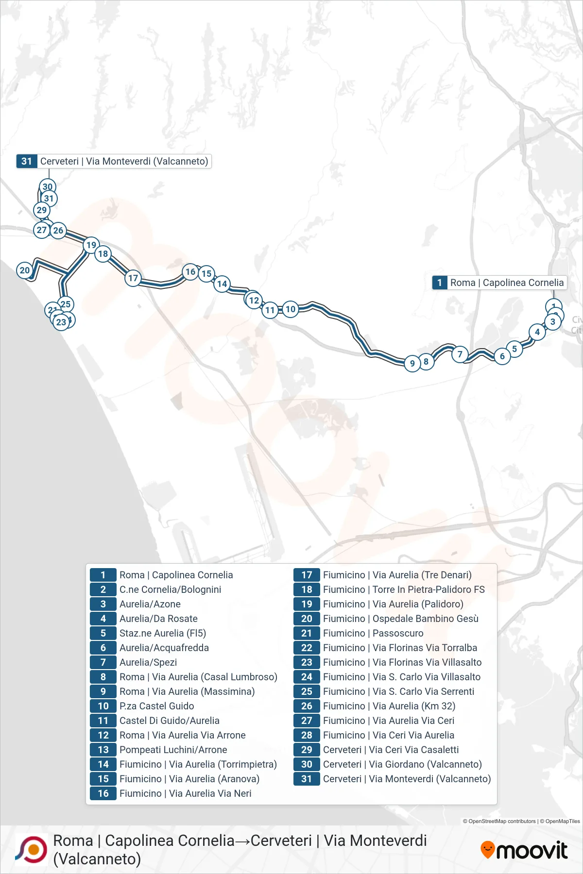 Linea COTRAL  bus (Roma | Capolinea Cornelia‎→Cerveteri | Via Monteverdi (Valcanneto)) - Percorsi e fermate sulla mappa