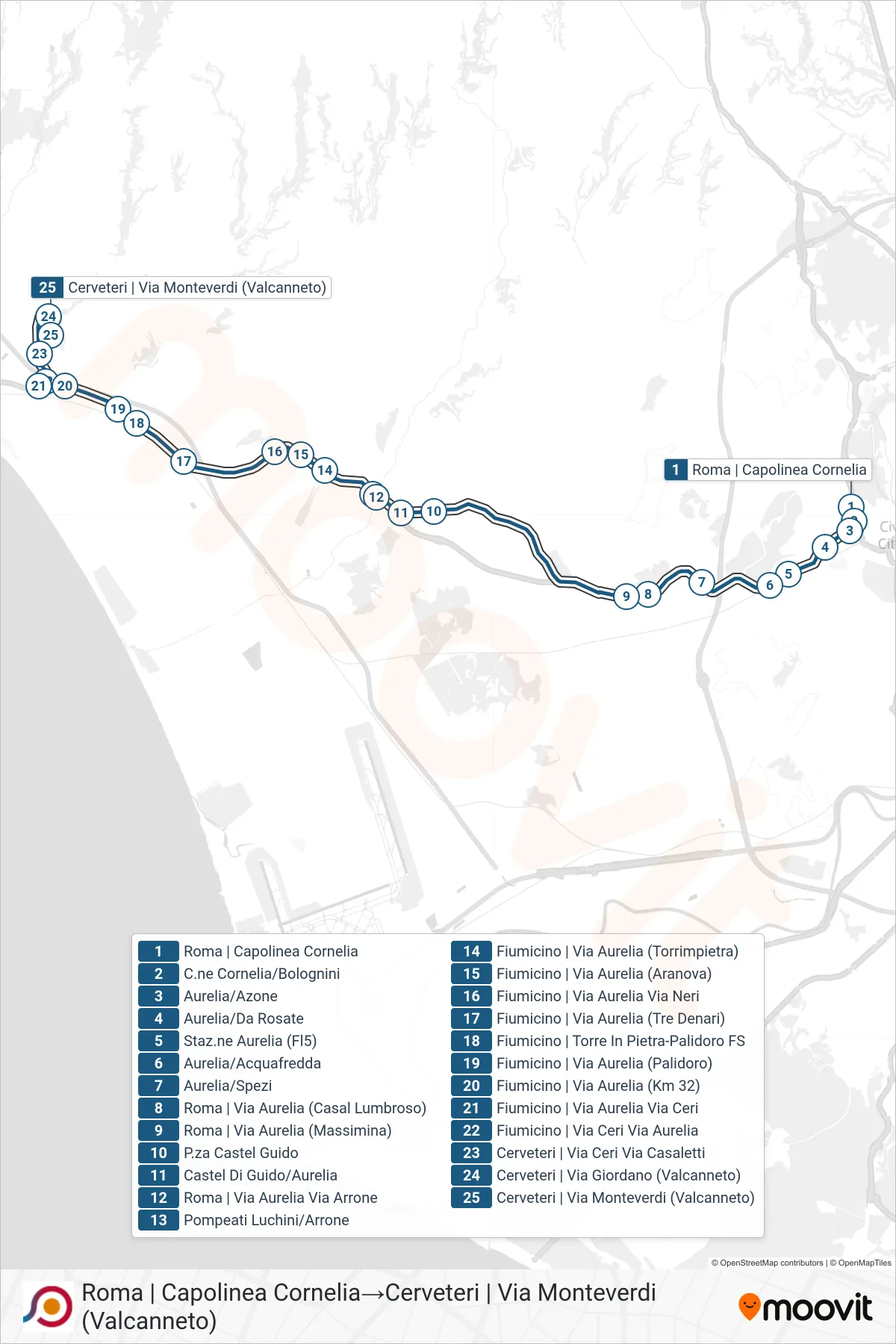 Linea COTRAL bus (Roma | Capolinea Cornelia→Cerveteri | Via Monteverdi (Valcanneto)) - Percorsi e fermate sulla mappa