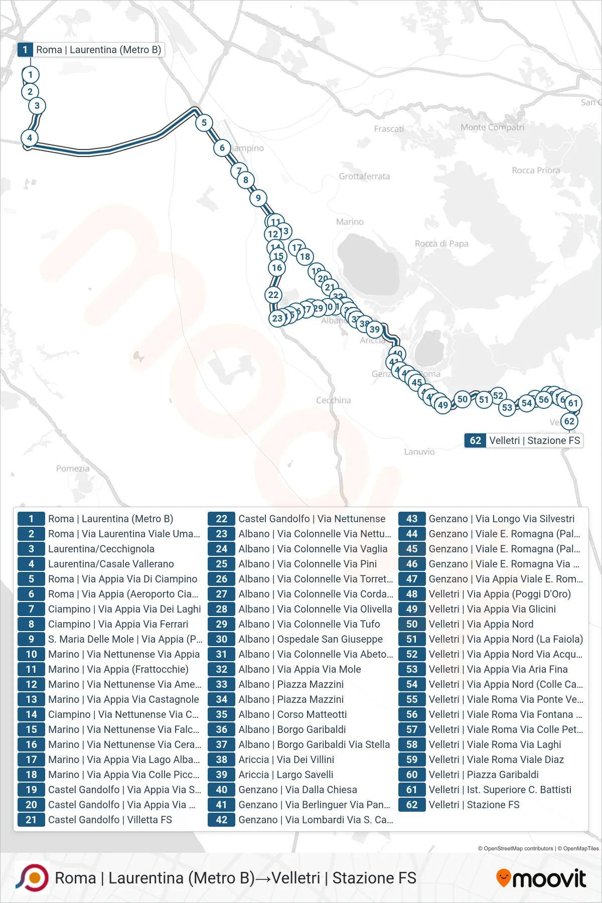 Linea COTRAL bus (Roma | Laurentina (Metro B)→Velletri | Stazione FS) - Percorsi e fermate sulla mappa