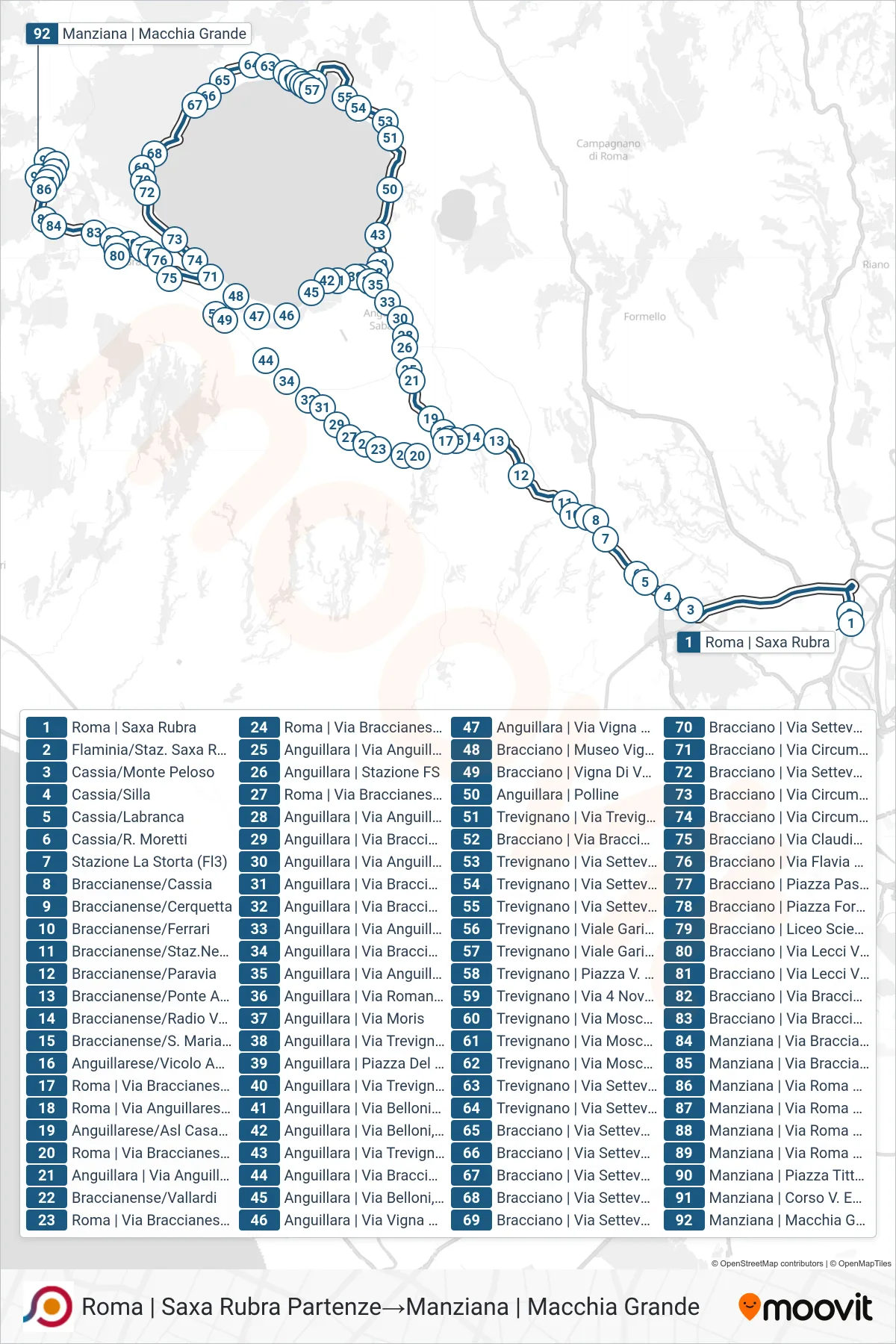 Linea COTRAL bus (Roma | Saxa Rubra Partenze→Manziana | Macchia Grande) - Percorsi e fermate sulla mappa