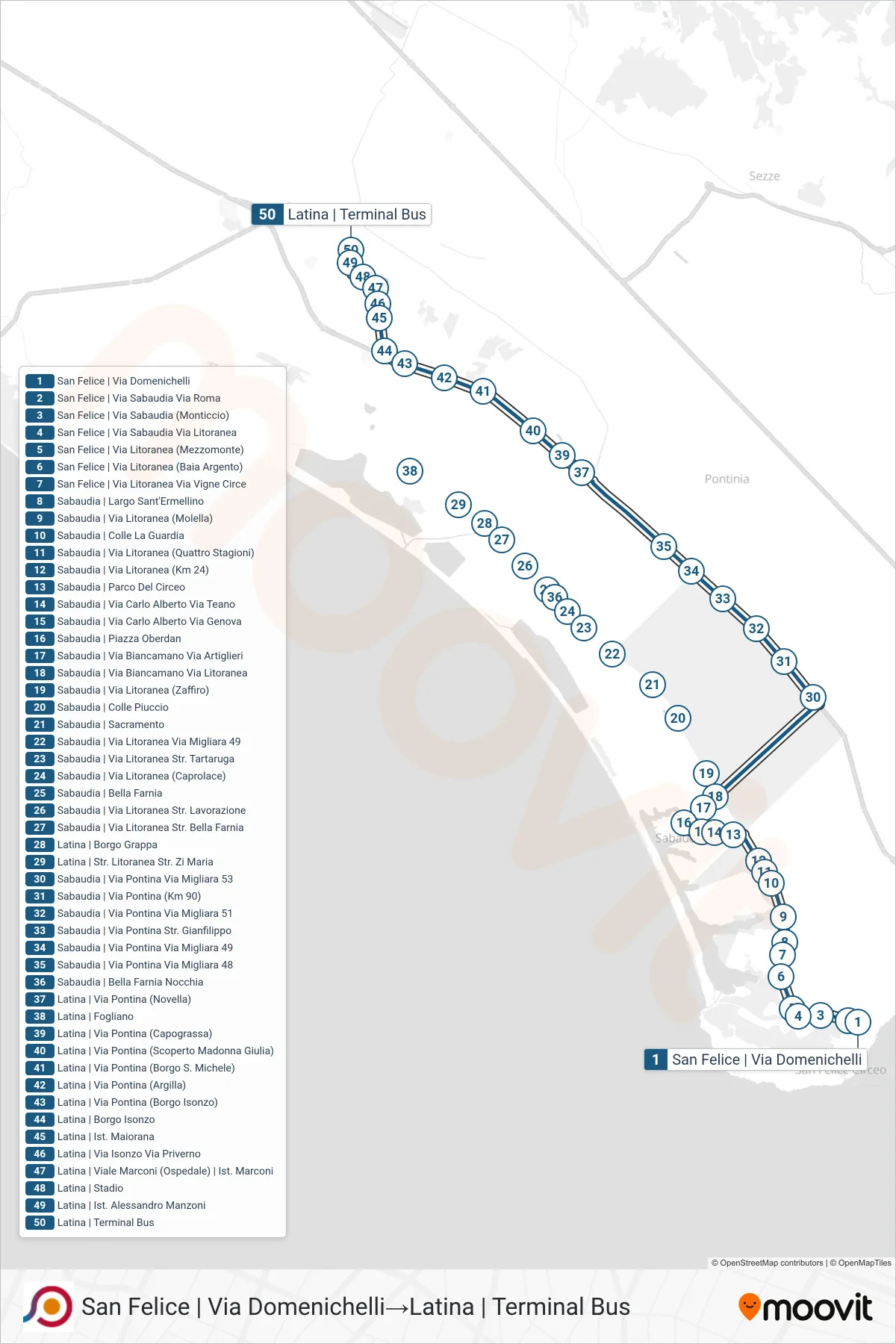 Linea COTRAL bus (San Felice | Via Domenichelli→Latina | Terminal Bus) - Percorsi e fermate sulla mappa