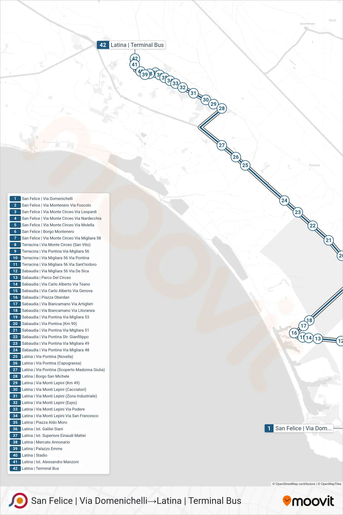 Linea COTRAL bus (San Felice | Via Domenichelli→Latina | Terminal Bus) - Percorsi e fermate sulla mappa