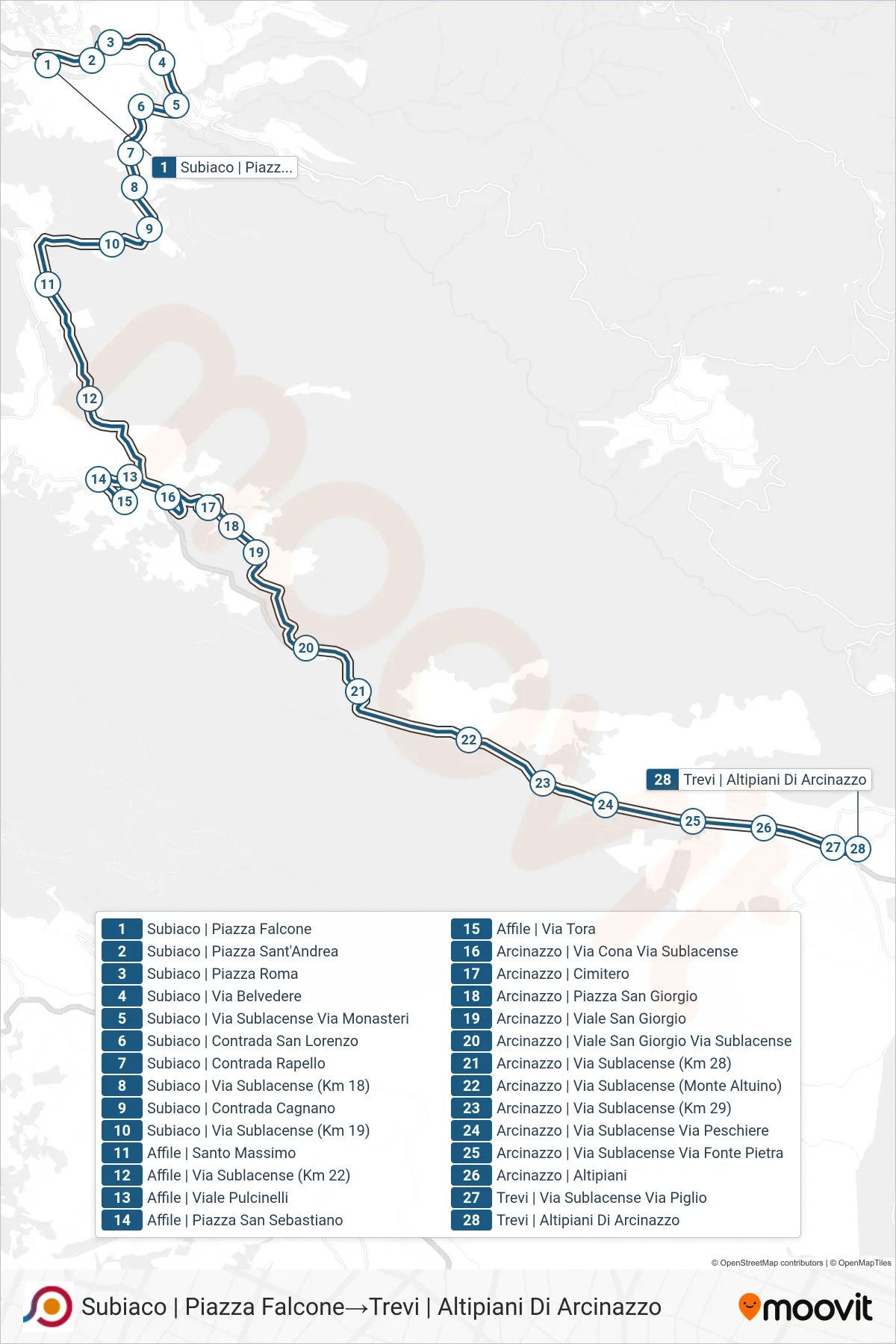 Linea COTRAL bus (Subiaco | Piazza Falcone→Trevi | Altipiani Di Arcinazzo) - Percorsi e fermate sulla mappa