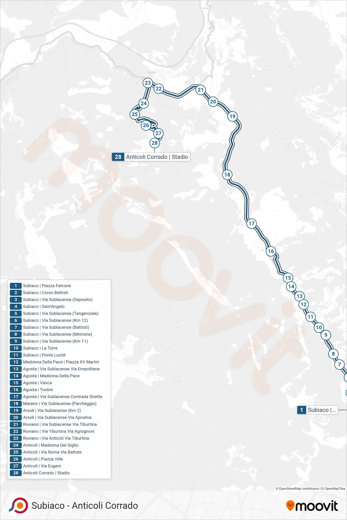 Linea COTRAL  bus (Subiaco | Piazza Falcone‎→Anticoli Corrado | Stadio) - Percorsi e fermate sulla mappa