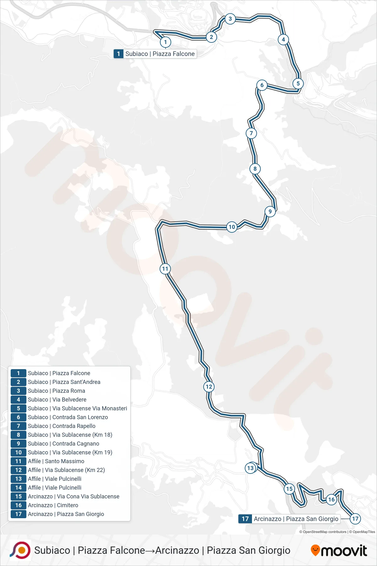 Linea COTRAL bus (Subiaco | Piazza Falcone→Arcinazzo | Piazza San Giorgio) - Percorsi e fermate sulla mappa