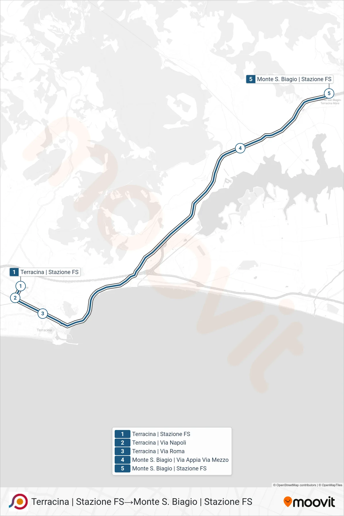 Linea COTRAL bus (Terracina | Stazione FS→Monte S. Biagio | Stazione FS) - Percorsi e fermate sulla mappa